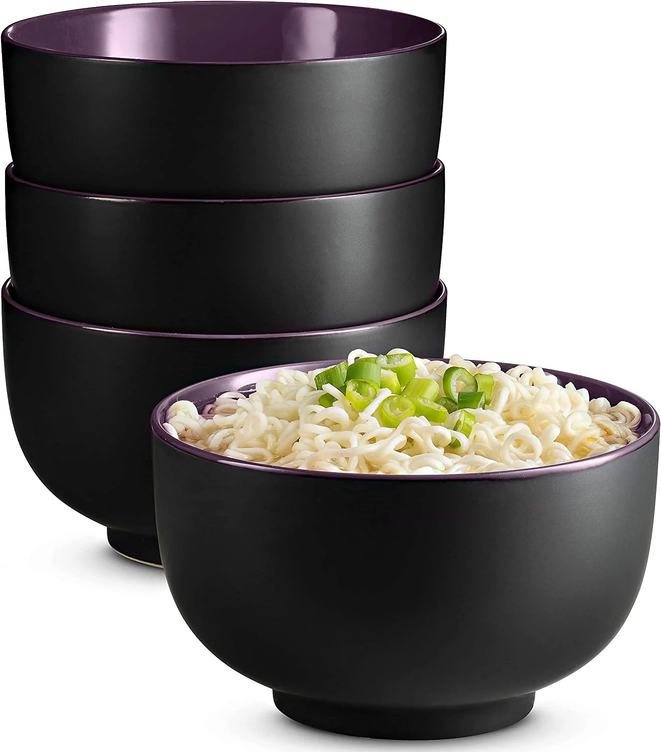 Kook Ceramic Japanese Noodle Bowl Set, 34 Oz, Set of 4, Eggplant Inside