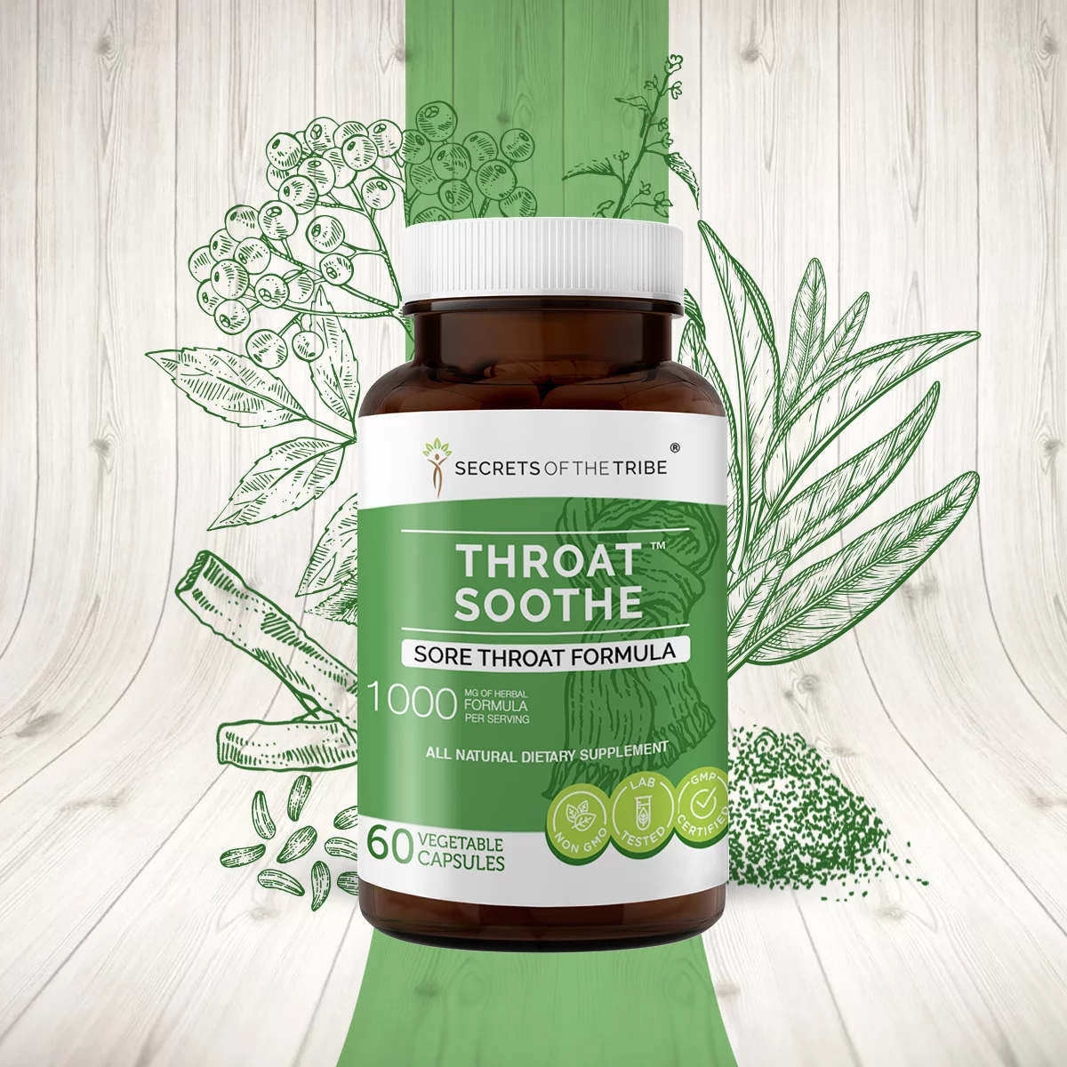 Throat Soothe 60 Capsules, 500 mg, Licorice, Slippery Elm, Marshmallow, Sage, Echinacea, Elder Berry. Sore Throat Formula