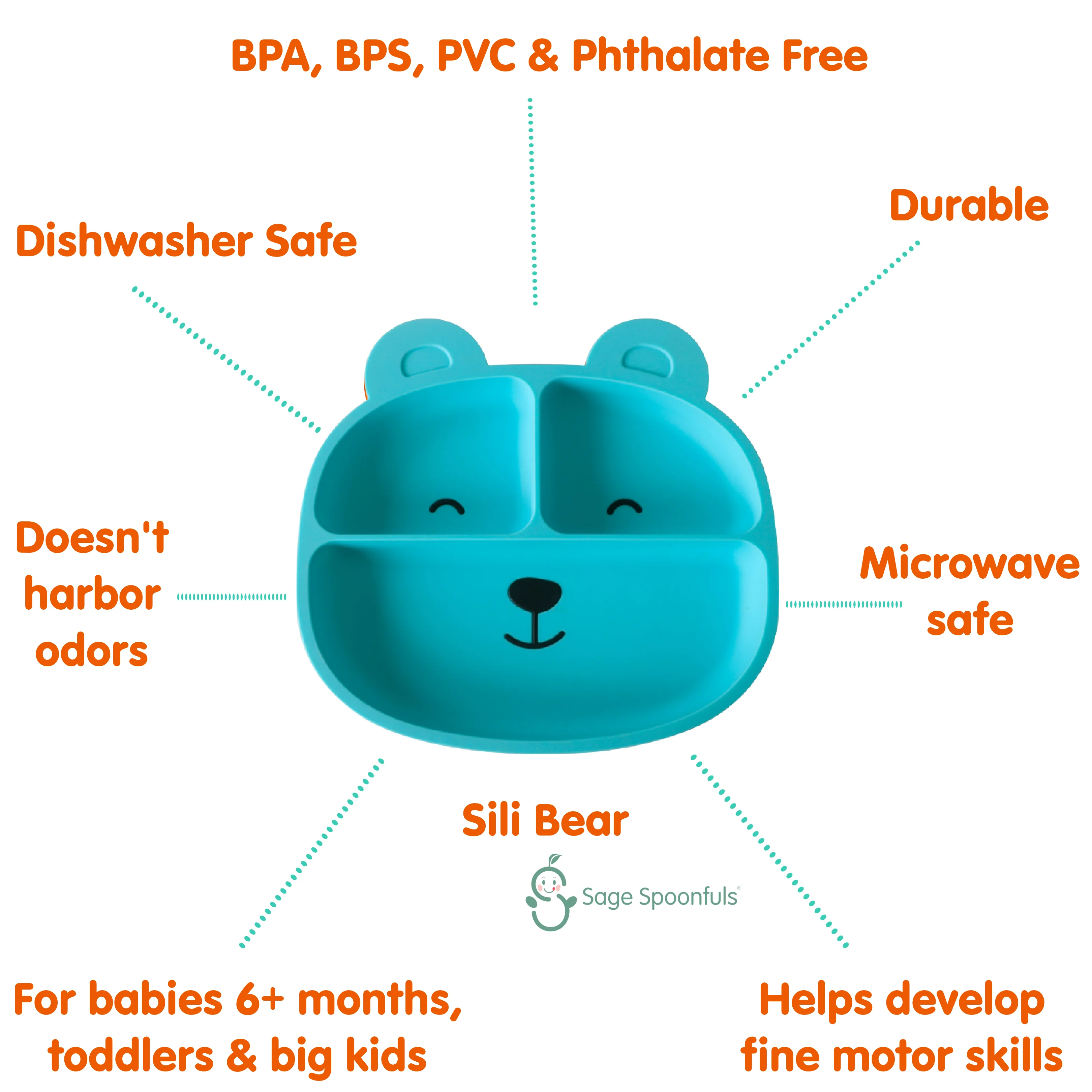 SAGE SPOONFULS Bear Silicone Plate for Toddlers, Babies, Baby-Led Weaning, 100% Silicone, Plates Stay Put Strong Suction Base, Divided Compartments, Microwave & Oven Safe, Dishwasher Safe, BPA Free