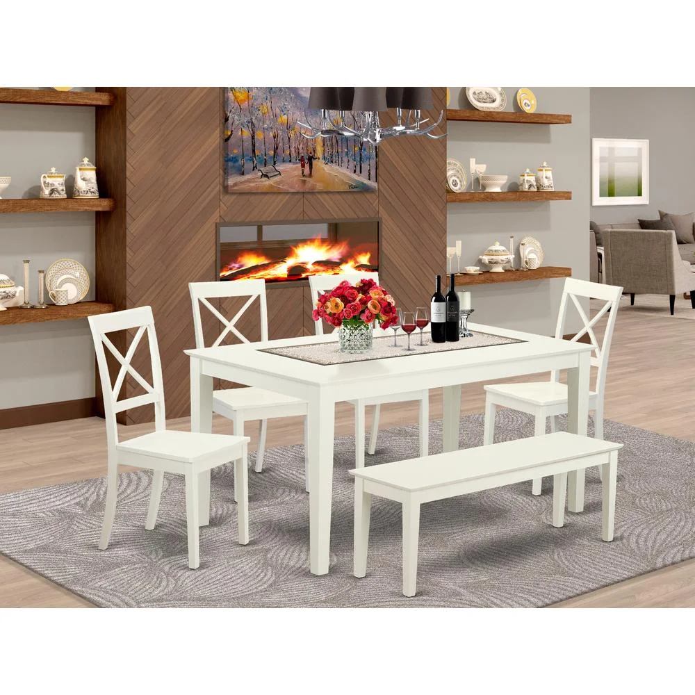 East West Furniture Capri 6-piece Wood Dining Room Set in Linen White