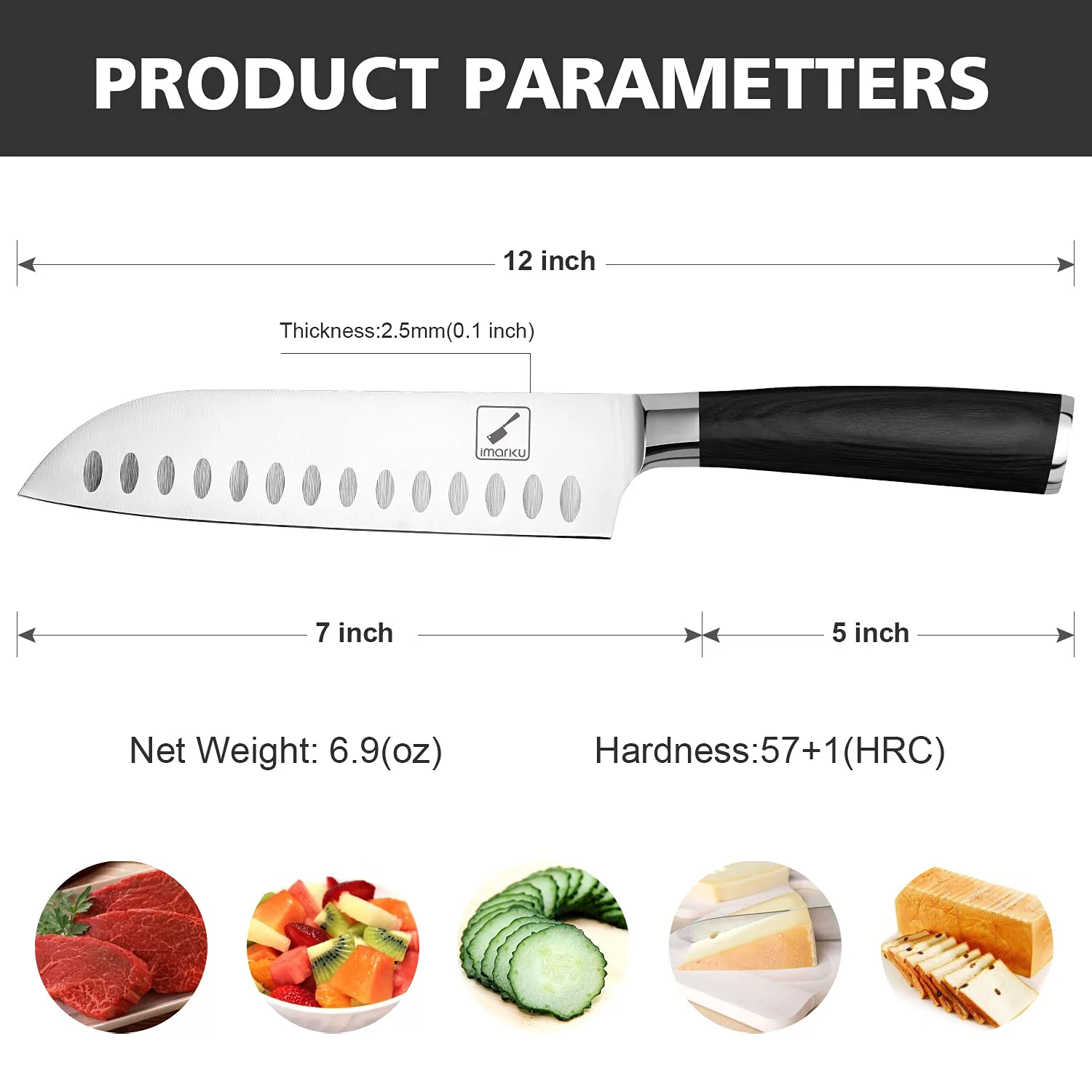 imarku | 7-inch Santoku Knife  Japanese Chef Knife German HC Stainless Steel 7Cr17Mov Ergonomic Pakkawood Handle Kitchen Knife - Black