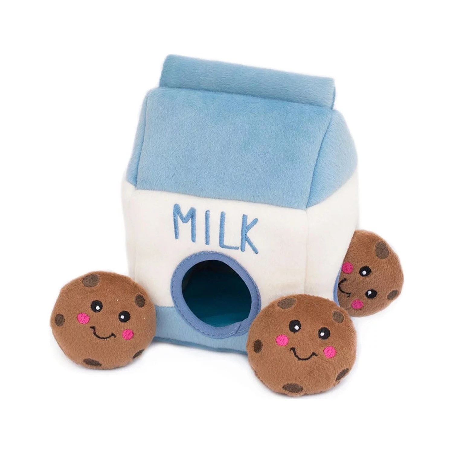 ZippyPaws Food Buddies Burrow, Interactive Squeaky Hide and Seek Plush Dog Toy - Milk and Cookies