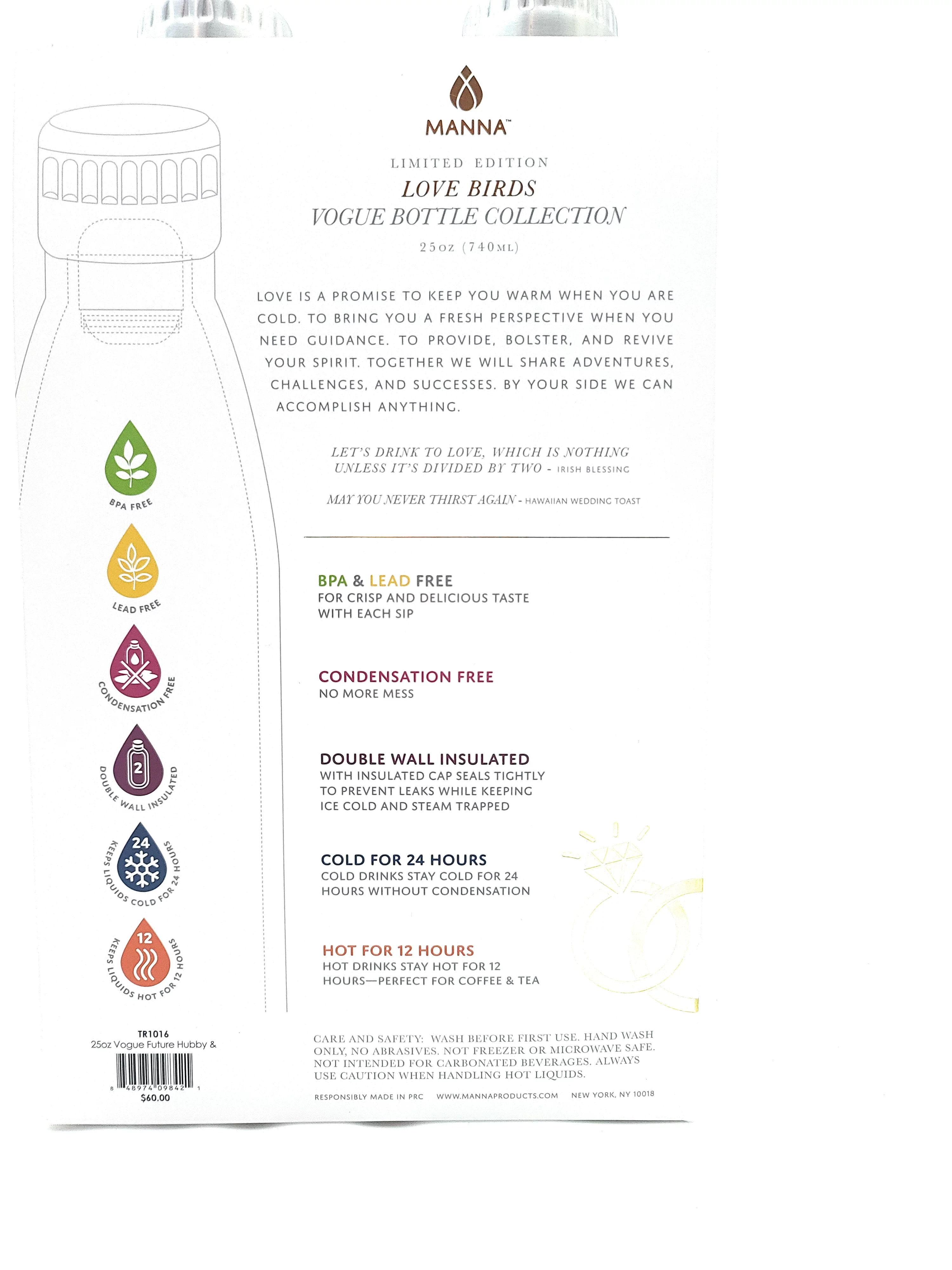 Set of 2 MANNA Limited-Edition Water Bottle Love Birds Wedding His & Hers 25 oz  24 Hr Cold 25 oz