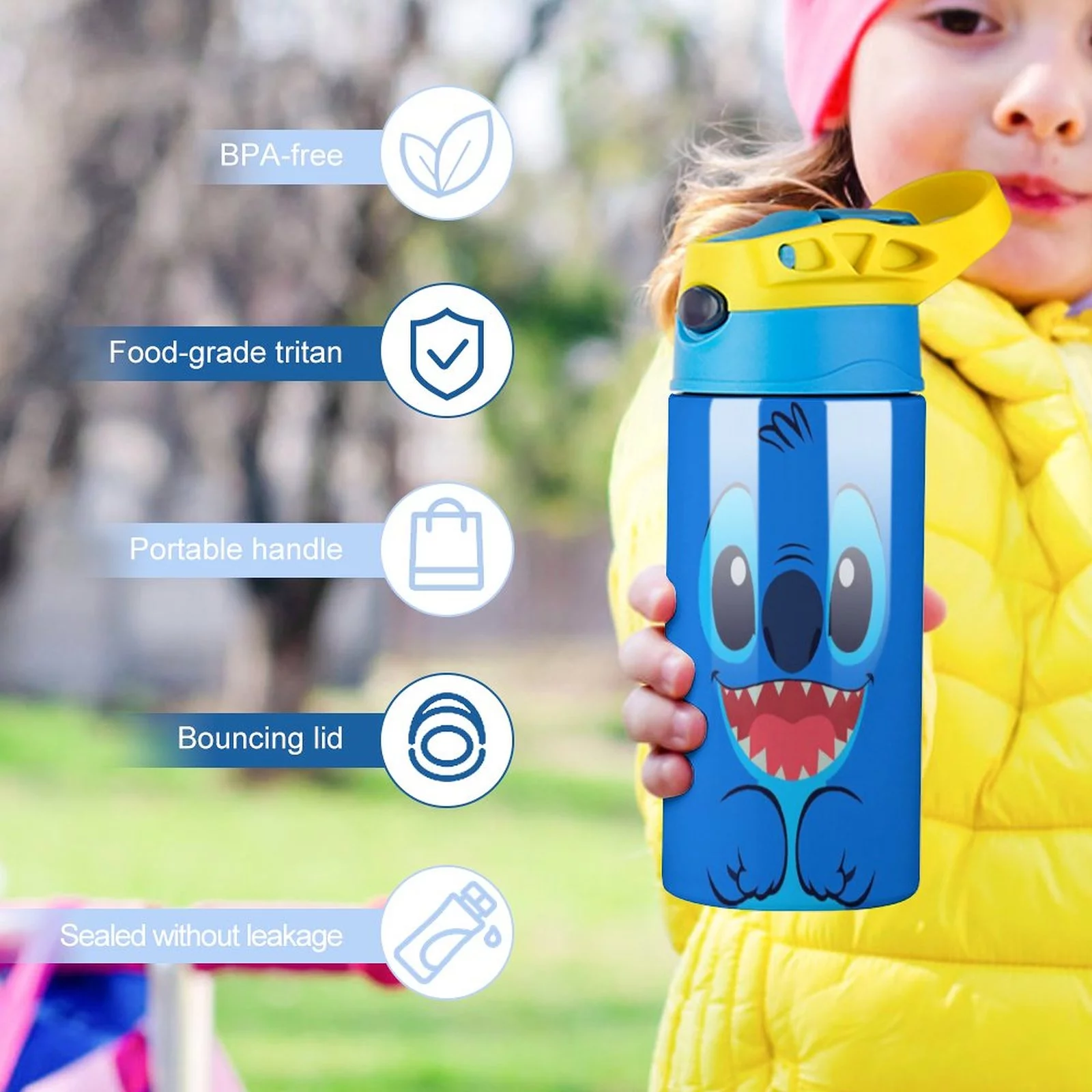 Stitch Blue Face Children's Water Bottle Vacuum Insulated Stainless Steel Cup With Straw Toddler Thermoses