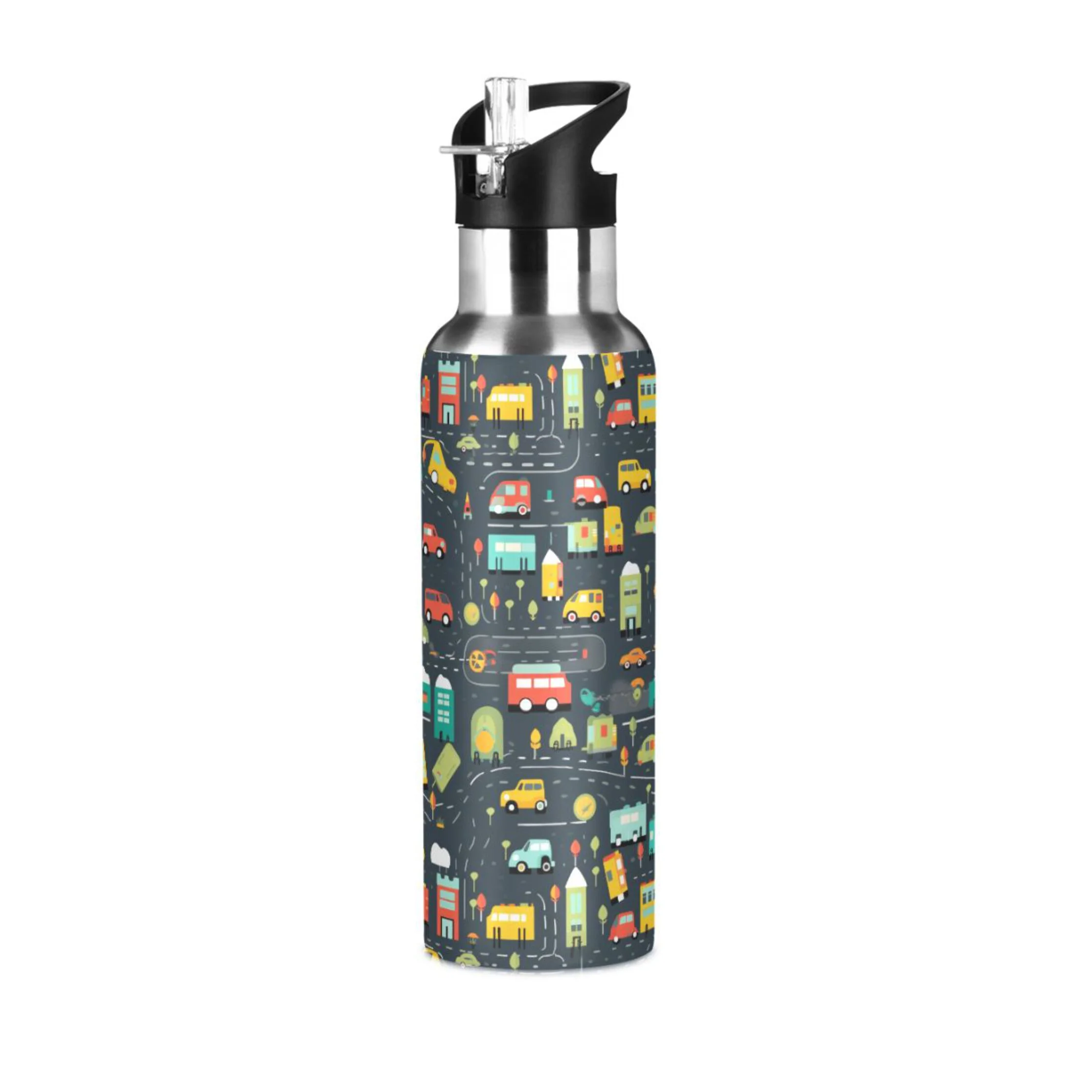 Cartoon Car and Bus Water Bottles Insulated Thermos Kids Stainless Steel Bottle with Straw Lid Flask Leakproof for Sports Gym 20 oz