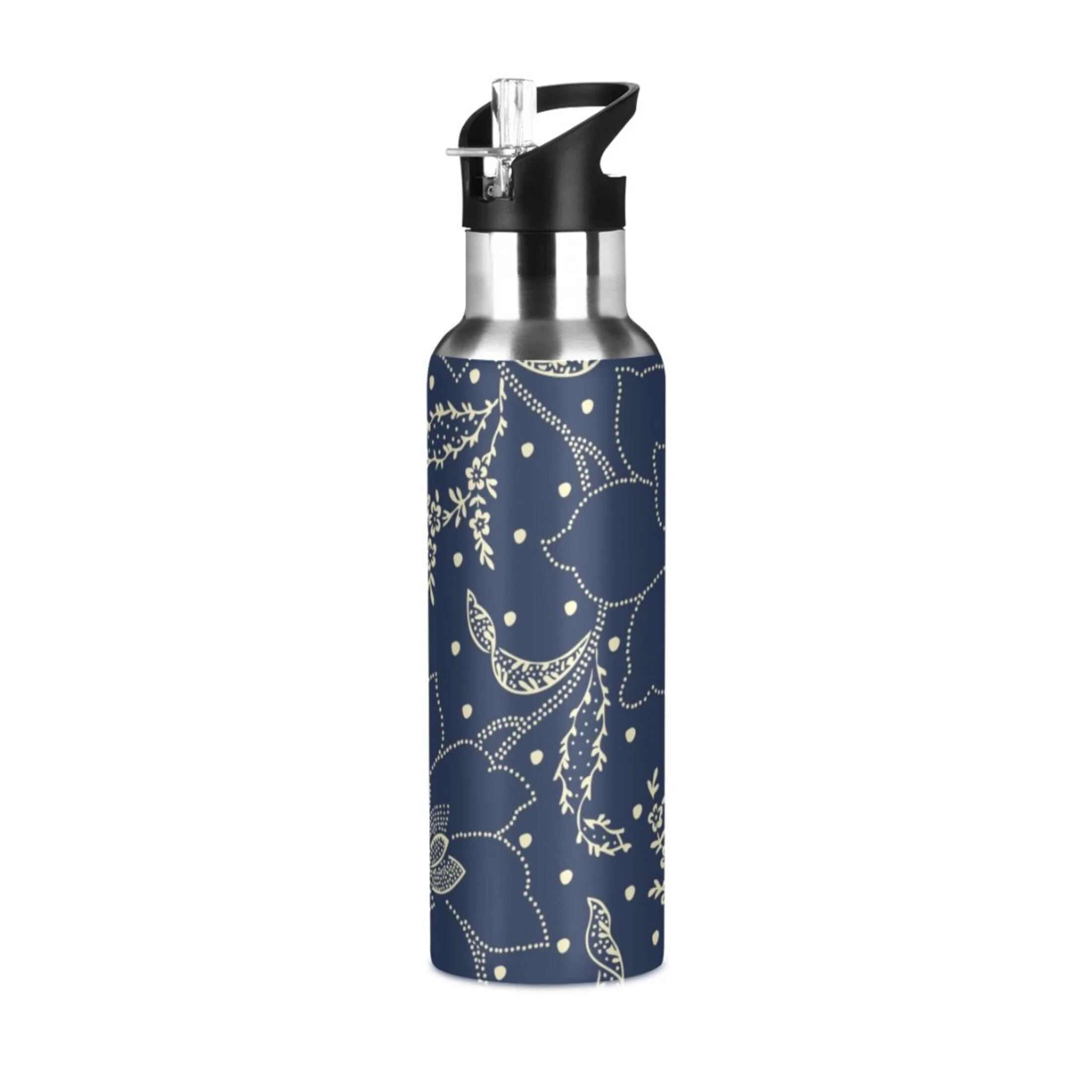 Retro Bohomia Floral Water Bottles Insulated Thermos Kids Stainless Steel Bottle with Straw Lid Flask Leakproof for Sports Gym 20 oz