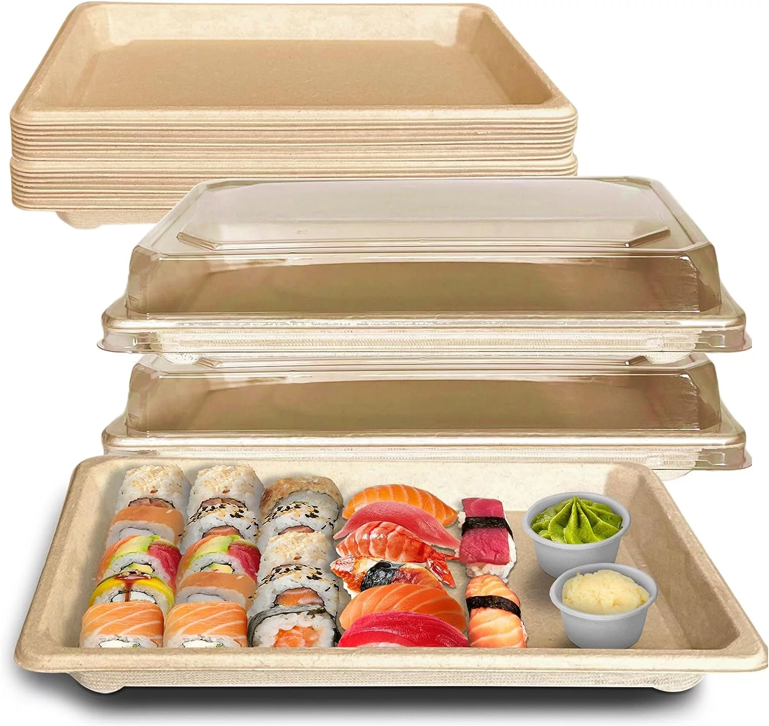 EcoQuality X-Large Compostable Sushi Trays with Lids - Natural Sugarcane Bagasse Take Out Sushi Container - Biodegradable Disposable Sushi Plate with Lid Eco Friendly To go Serving Tray (300 PACK)
