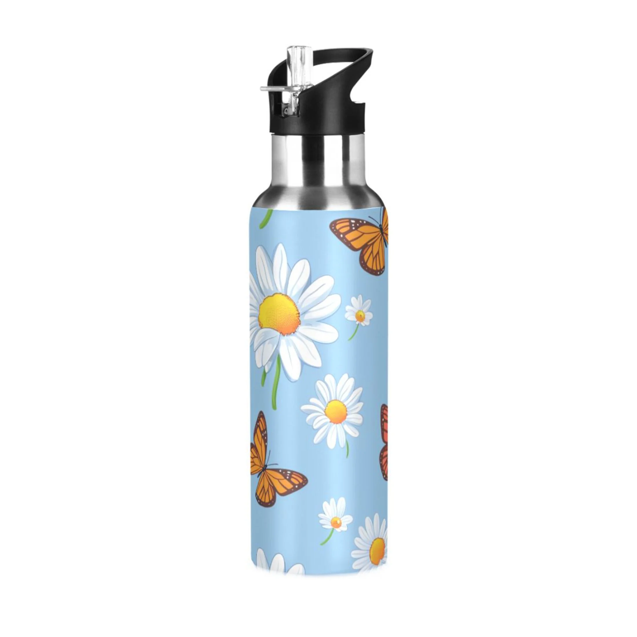 Butterfly and Sunflowers on Blue Water Bottles Insulated Thermos Kids Stainless Steel Bottle with Straw Lid Flask Leakproof for Sports Gym 20 oz