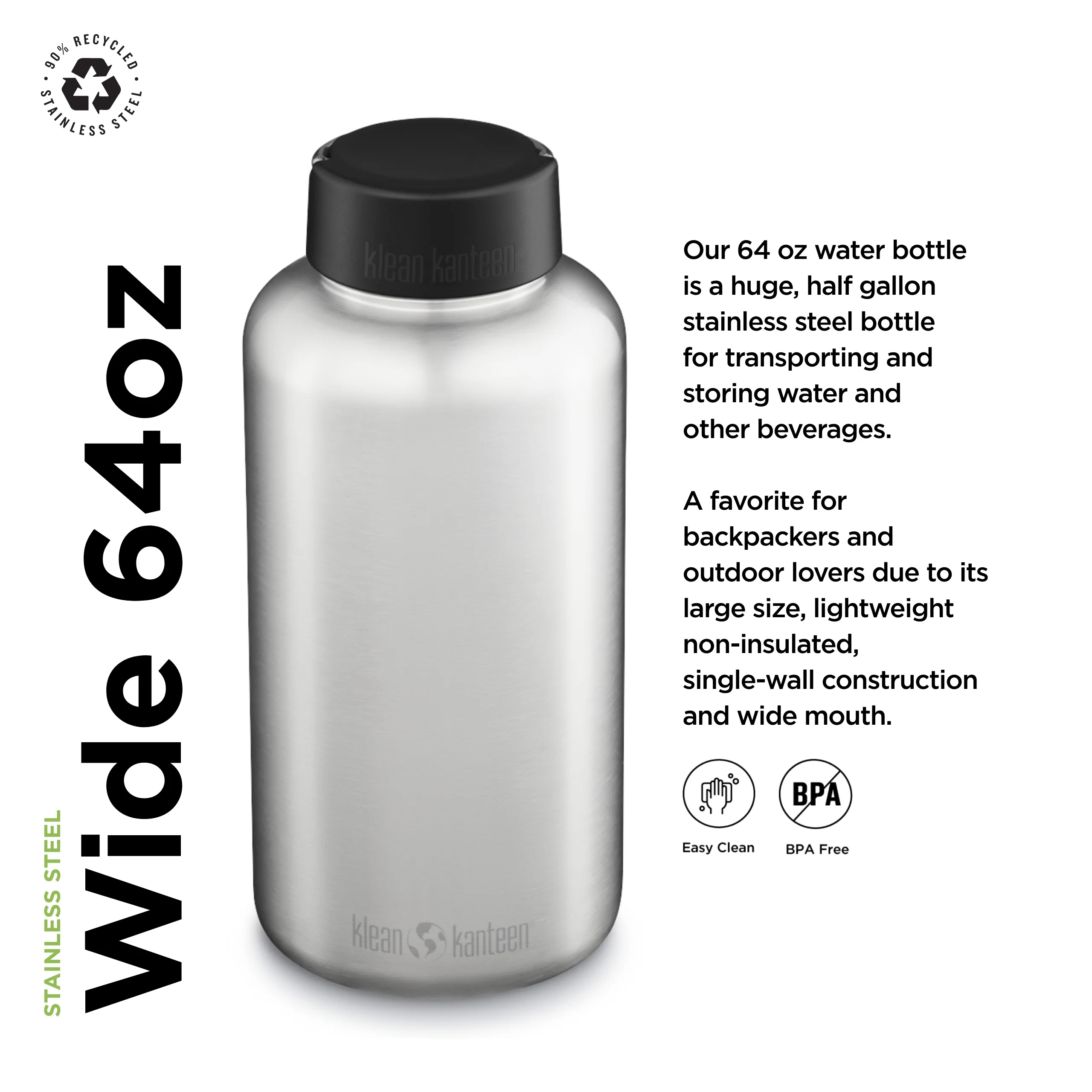 Klean Kanteen Wide w/Wide Loop Cap, 64oz, Brushed Stainless