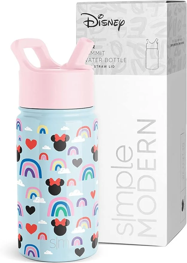 Simple Modern Disney Minnie Mouse Kids Water Bottle with Straw Lid | Reusable Insulated Stainless Steel Cup for Girls, School | Summit Collection | 14oz, Minnie Mouse Rainbows