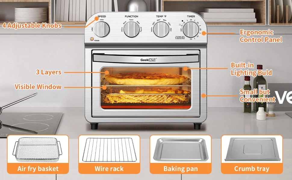 Geek Chef 10.6QT Air Fryer Oven 4 Slice Toaster Oven Convection Air Fryer Combo Broil Toast Bake Air Fry Oil-Free