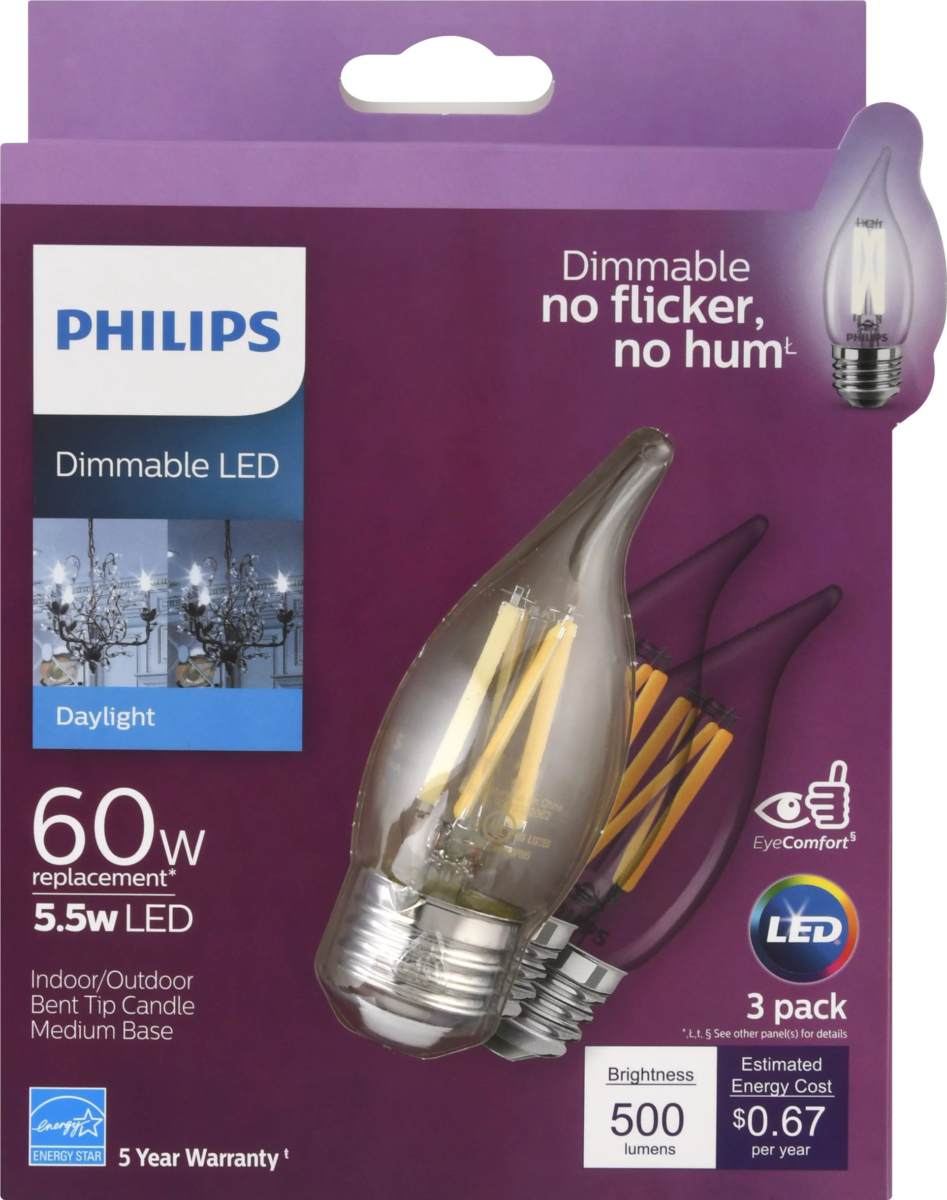 Philips 60W Equivalent Daylight BA11 Medium LED Decorative Light Bulb (3-Pack)
