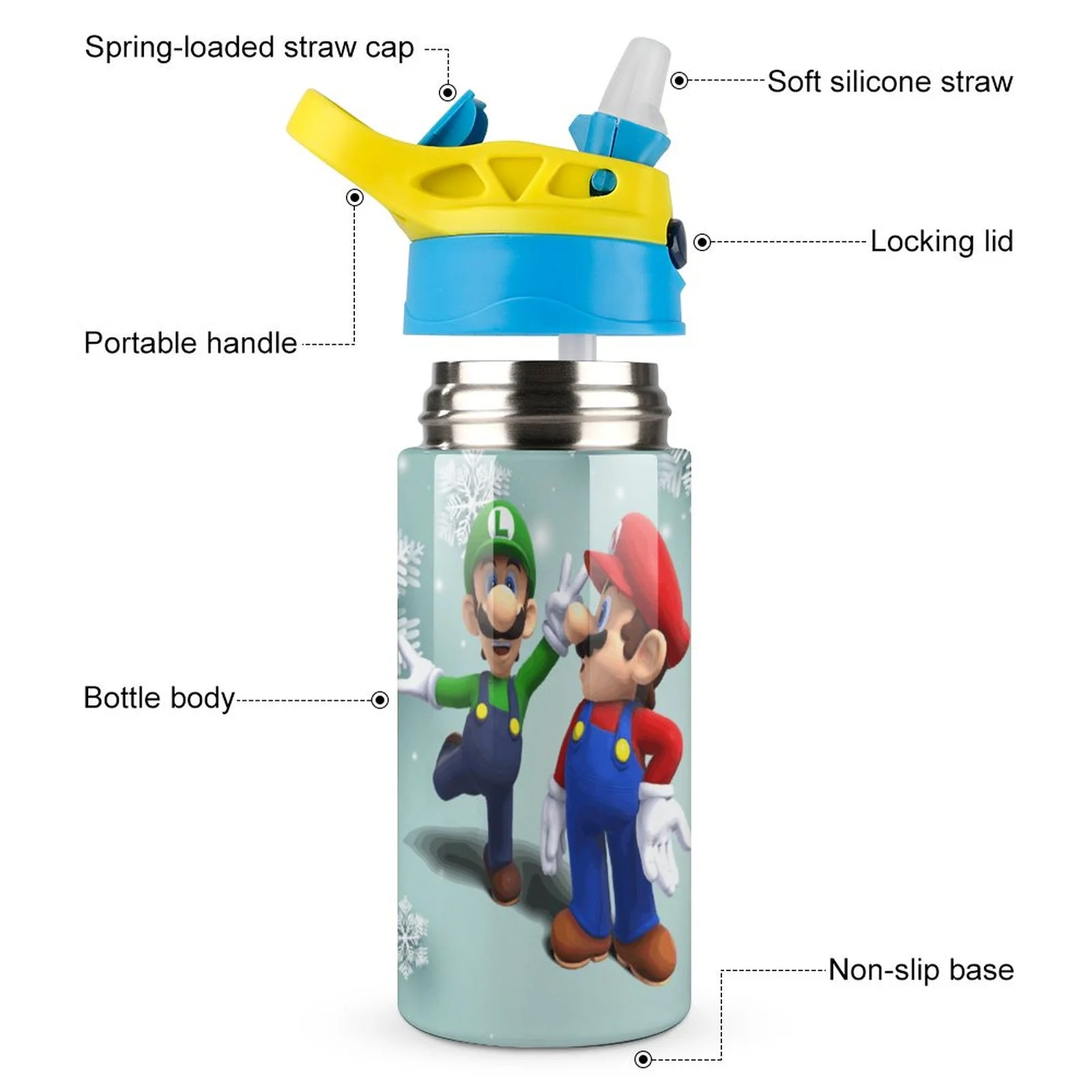 Mario Luigi Bros Kid's Insulated Water Bottle With Straw Vacuum Stainless Steel Cup Leak-Proof Children Toddler Thermoses