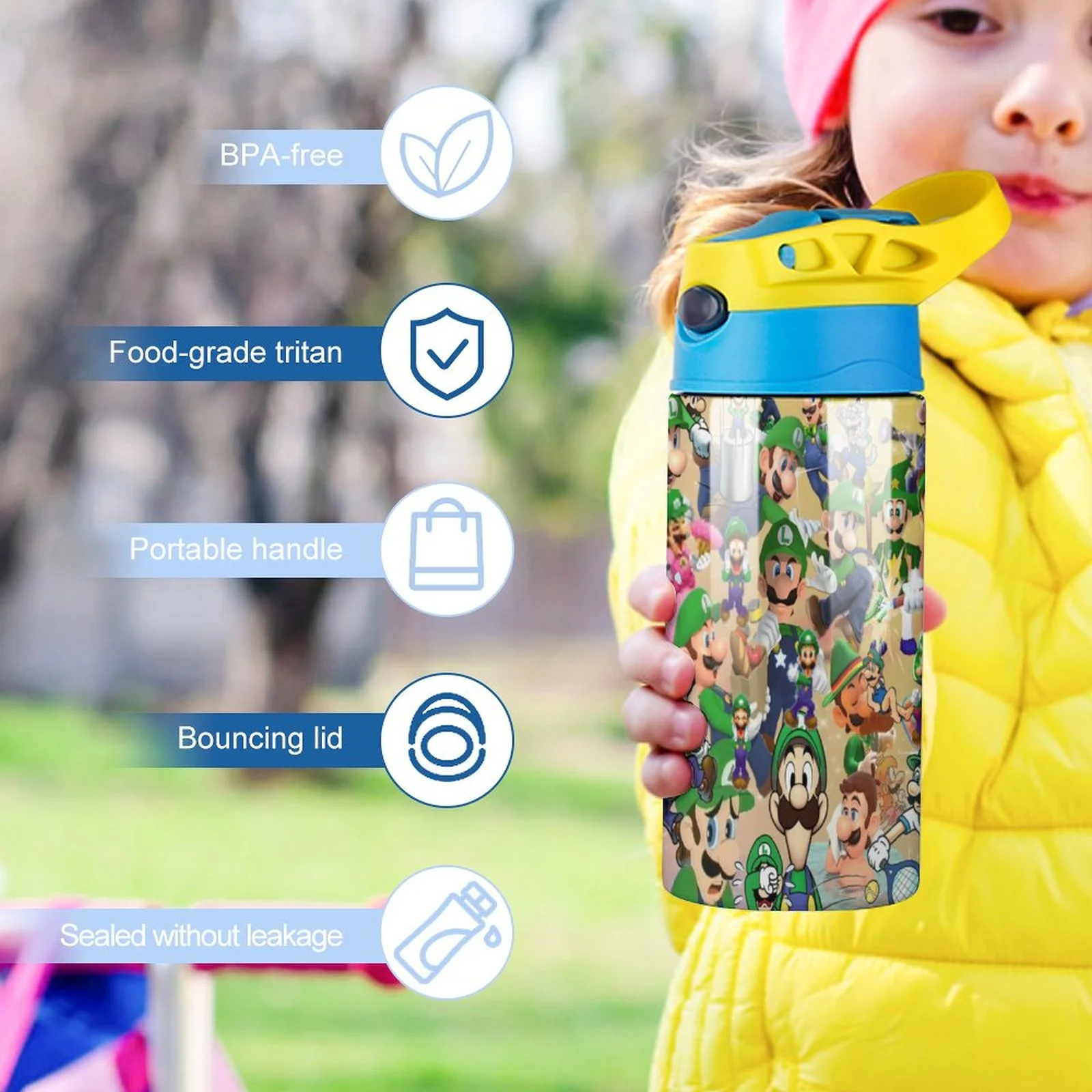 Luigi's Mansion Game Cartoon Kid's Insulated Water Bottle With Straw Vacuum Stainless Steel Cup Leak-Proof Children Toddler Thermoses