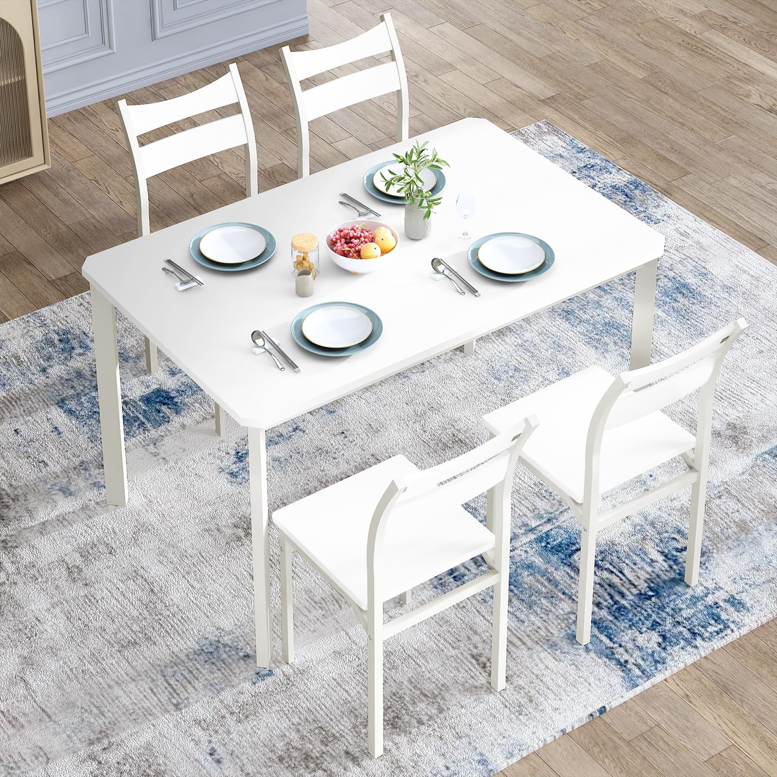 AWQM Kitchen Table and Chairs for 4, 5 Piece Wooden Dining Table Set for 4, Modern Dining Table and Chairs Set with Backrest, White