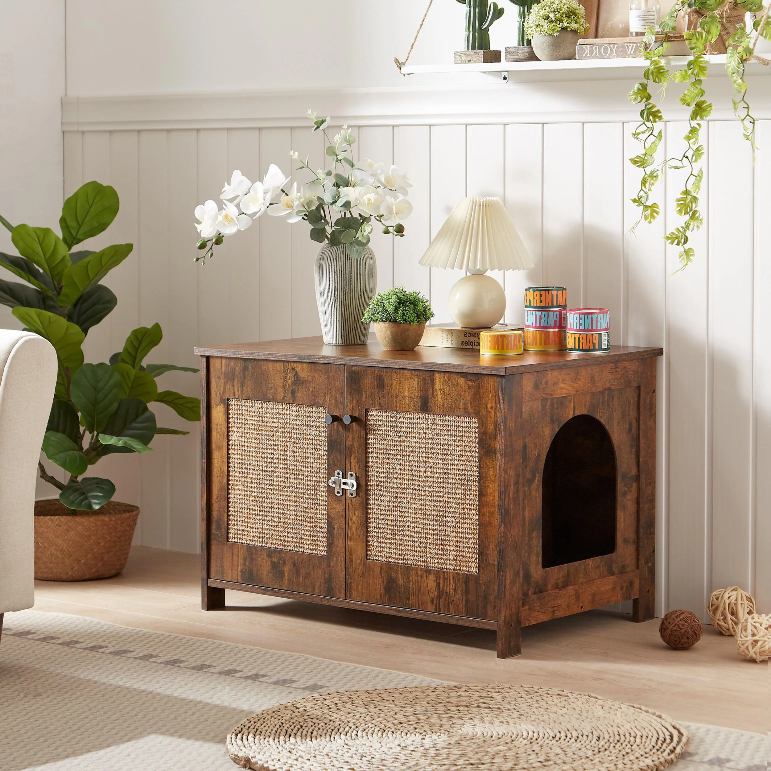 Supfirm Cat litter box enclosure, cat house with cat scratching post, litter box furniture hidden with removable divider, indoor cat house, end table. Rustic Brown, 31.5'' W x 20.3'' D x 21.3'' H