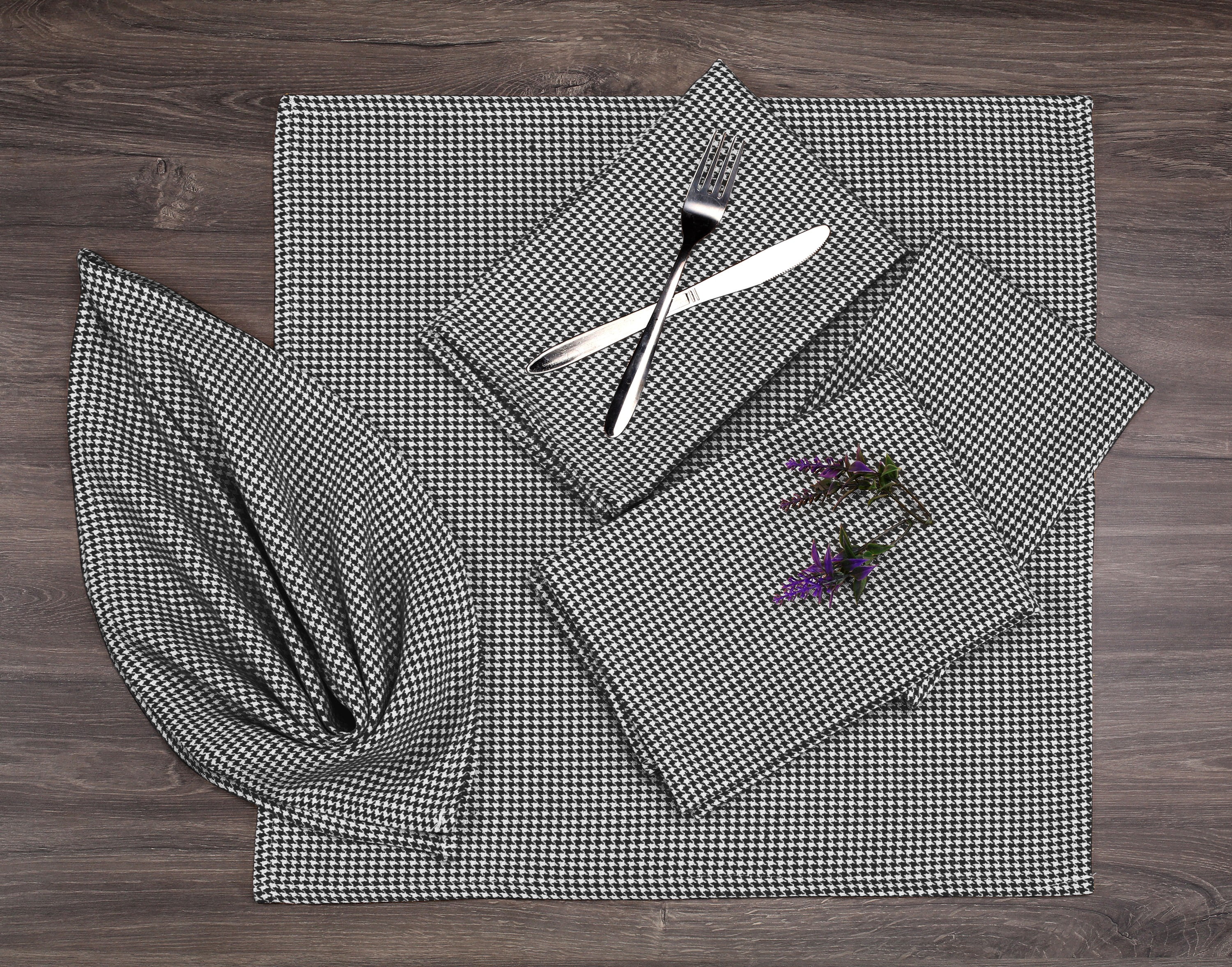 Native Fab Reusable Houndstooth Cloth Napkin 18x18 Cotton Set of 12 - Black