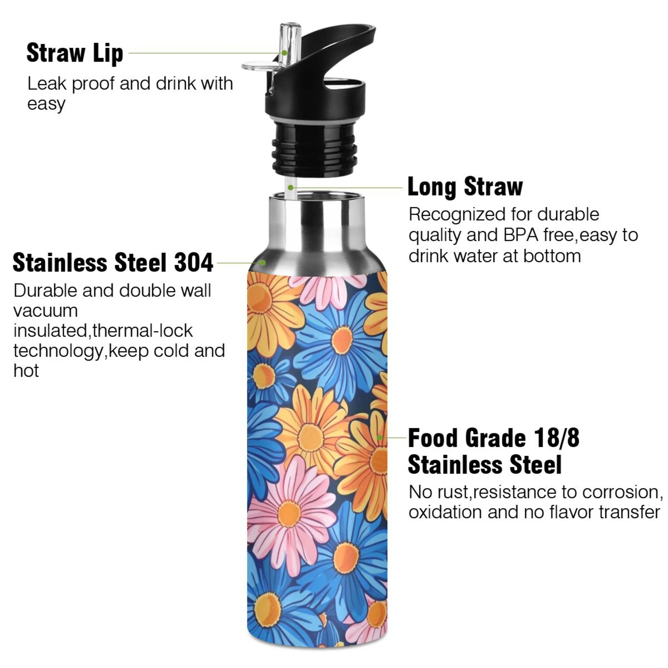 Orange and Blue Flowers Water Bottles Insulated Thermos Kids Stainless Steel Bottle with Straw Lid Flask Leakproof for Sports Gym 20 oz