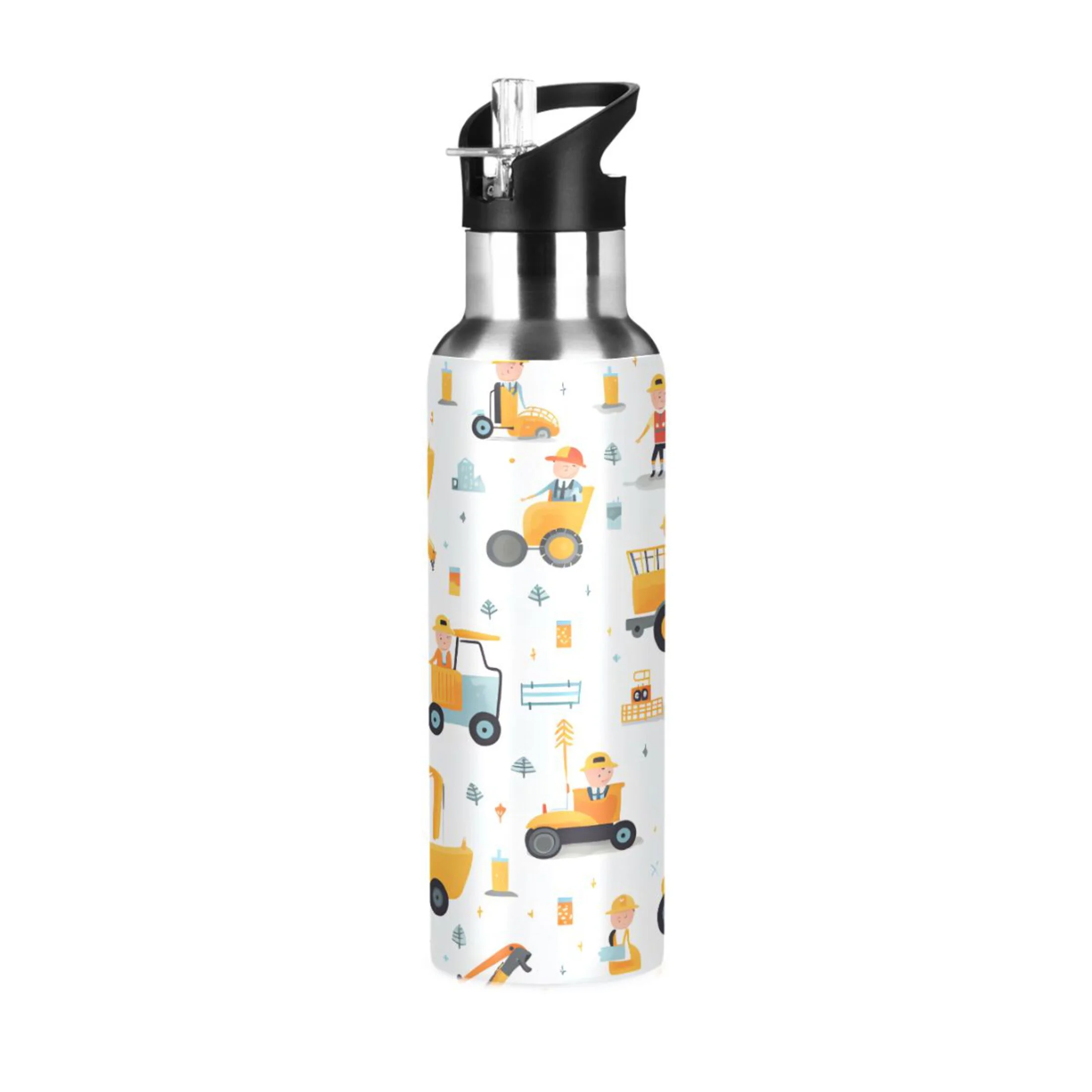 Water Bottle with Straw Lid Leak Cartoon Truck Excavator Engineer Stainless Steel Insulated Thermos Vacuum Flask for Cold Hot Drinking for Sports Camping Gym Yoga