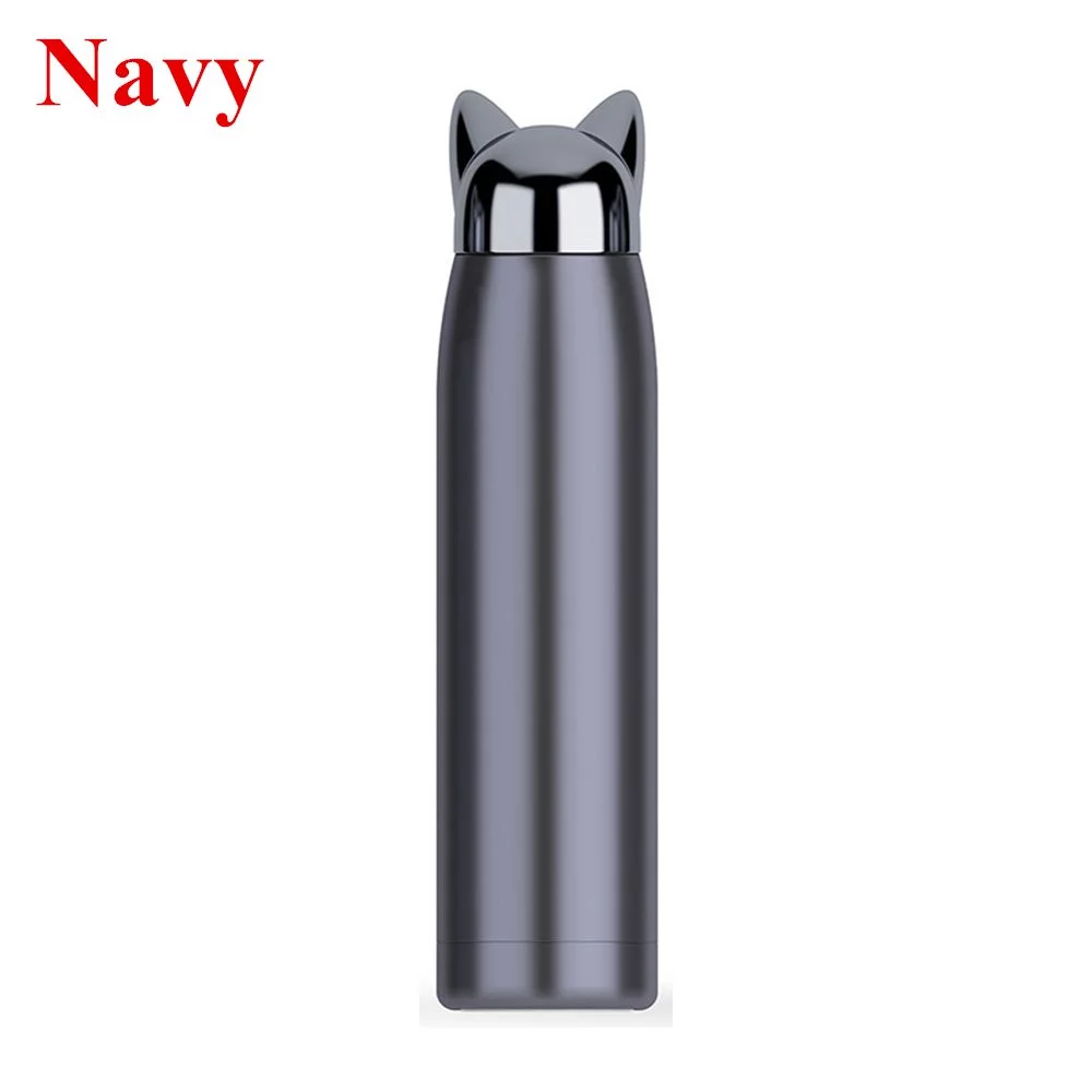 Sport & Gym Cute Insulated Vacuum Drink Flask Coffee Mug Thermal Cup Cat Fox Ear Double Wall Water Bottle NAVY BLUE