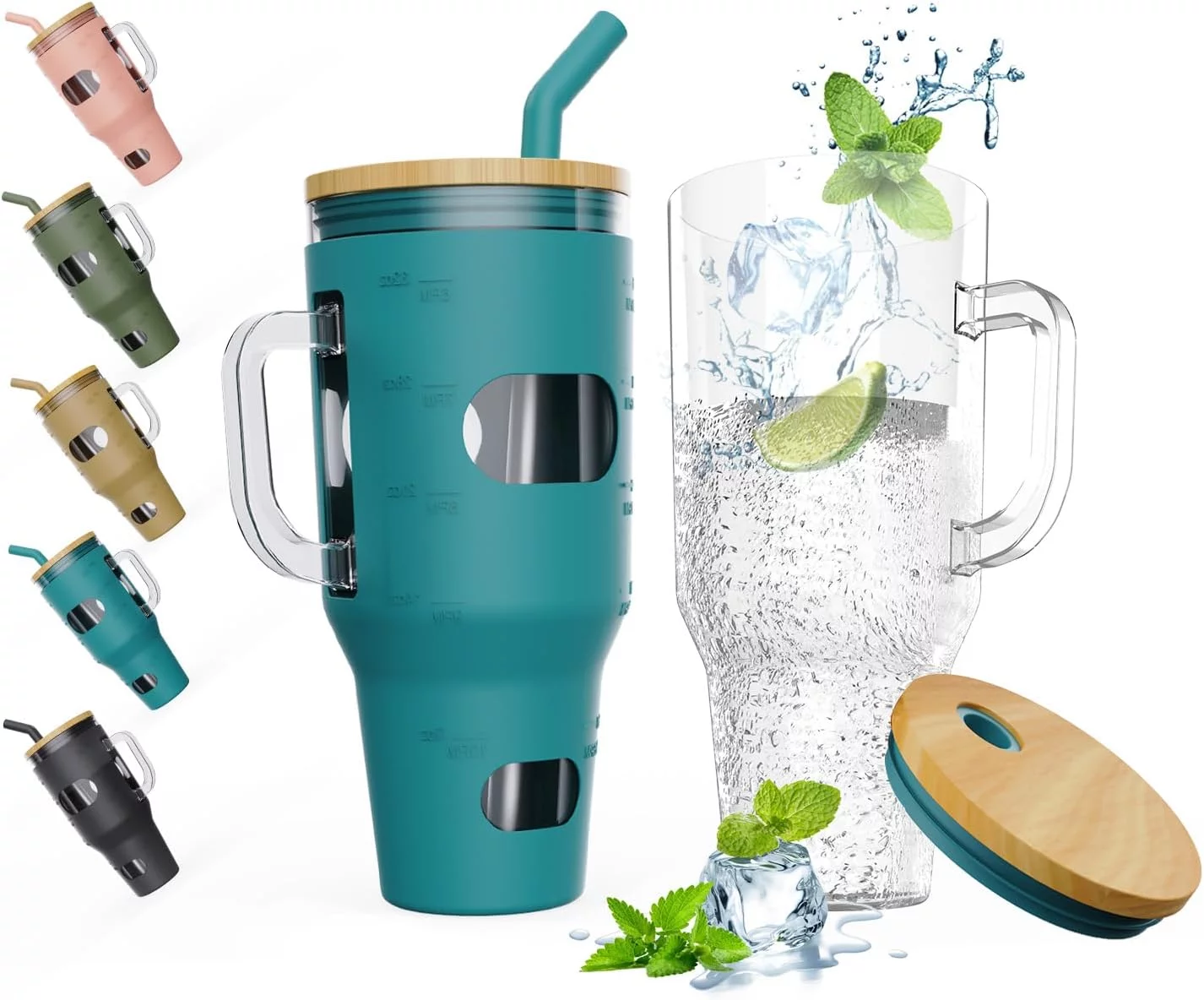 AYAOQIANG 32 Oz Tumbler with Lid and Straw, Glass Water Bottle with Handle, Glass Cup with Time Marker and Sleeve, Fits in Cup Holder BPA Free Dark Turquoise