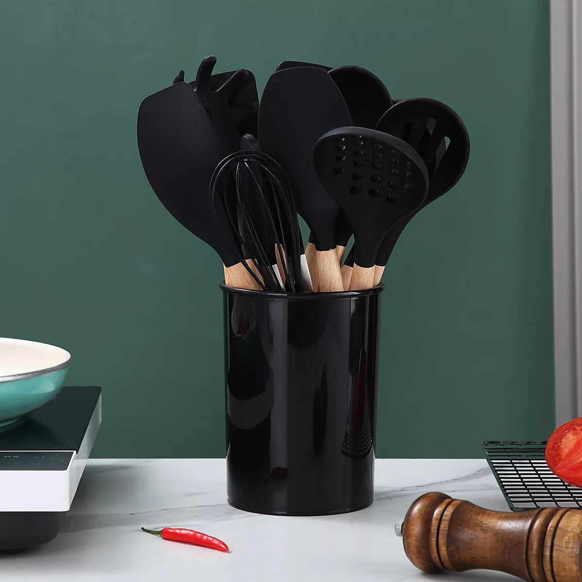 ReaNea Silicone Kitchen Utensils Set 38 Pieces and Utensil Holder (Black)