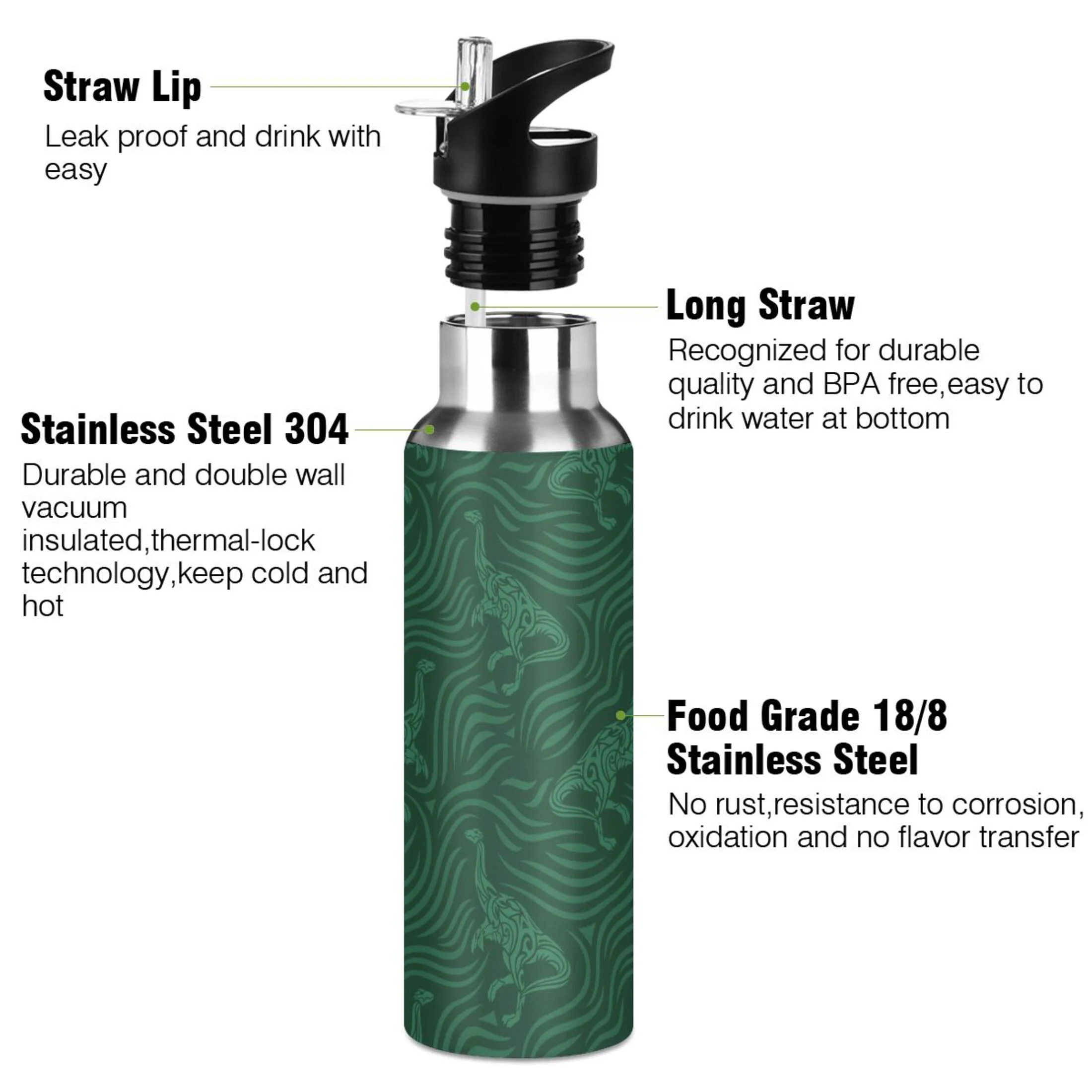 Stainless Steel Water Bottle Tribal Dinosaur with Straw Lid Vacuum Insulated Keeps Hot and Cold Leak Proof Flask Jug for Gym Travel Sports Cycling Outdoor 20 OZ