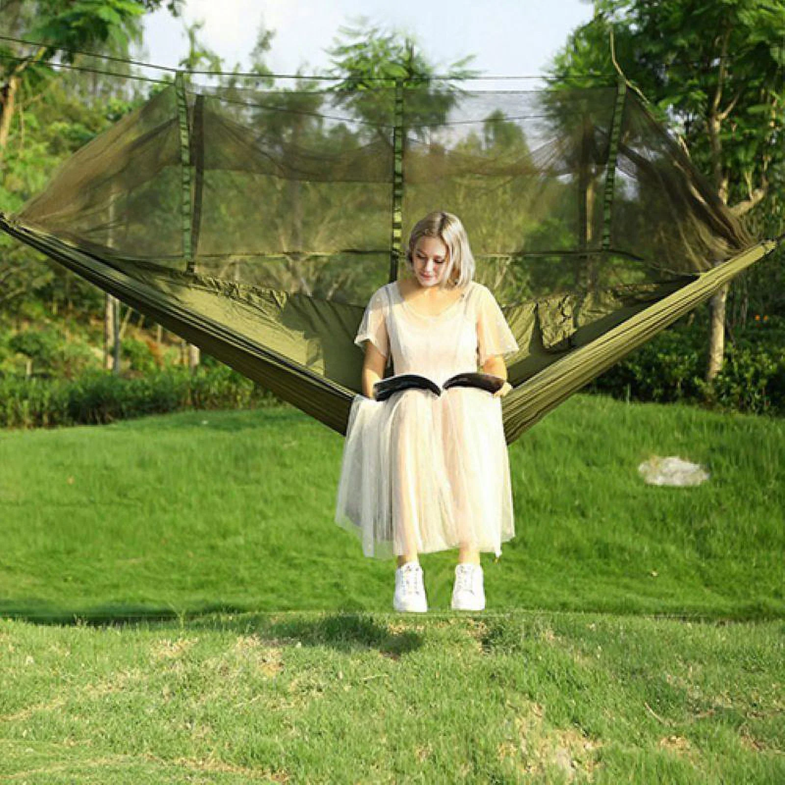Portable Nylon Hammock with Mosquito Net and Zippers - 9.06 in x 7.09 in x 4.33 in (L x W x H) - 1.87 - Relax and unwind anywhere with our versatile hammock - ideal for outdoor adventures!