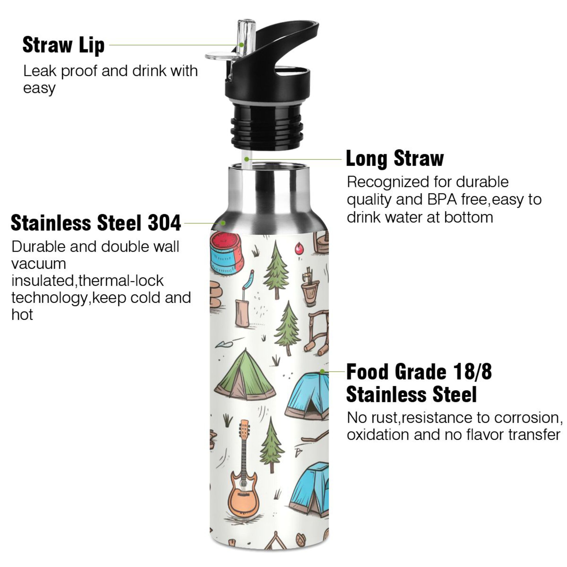 Camping and Guitars Water Bottles Insulated Thermos Kids Stainless Steel Bottle with Straw Lid Flask Leakproof for Sports Gym 20 oz