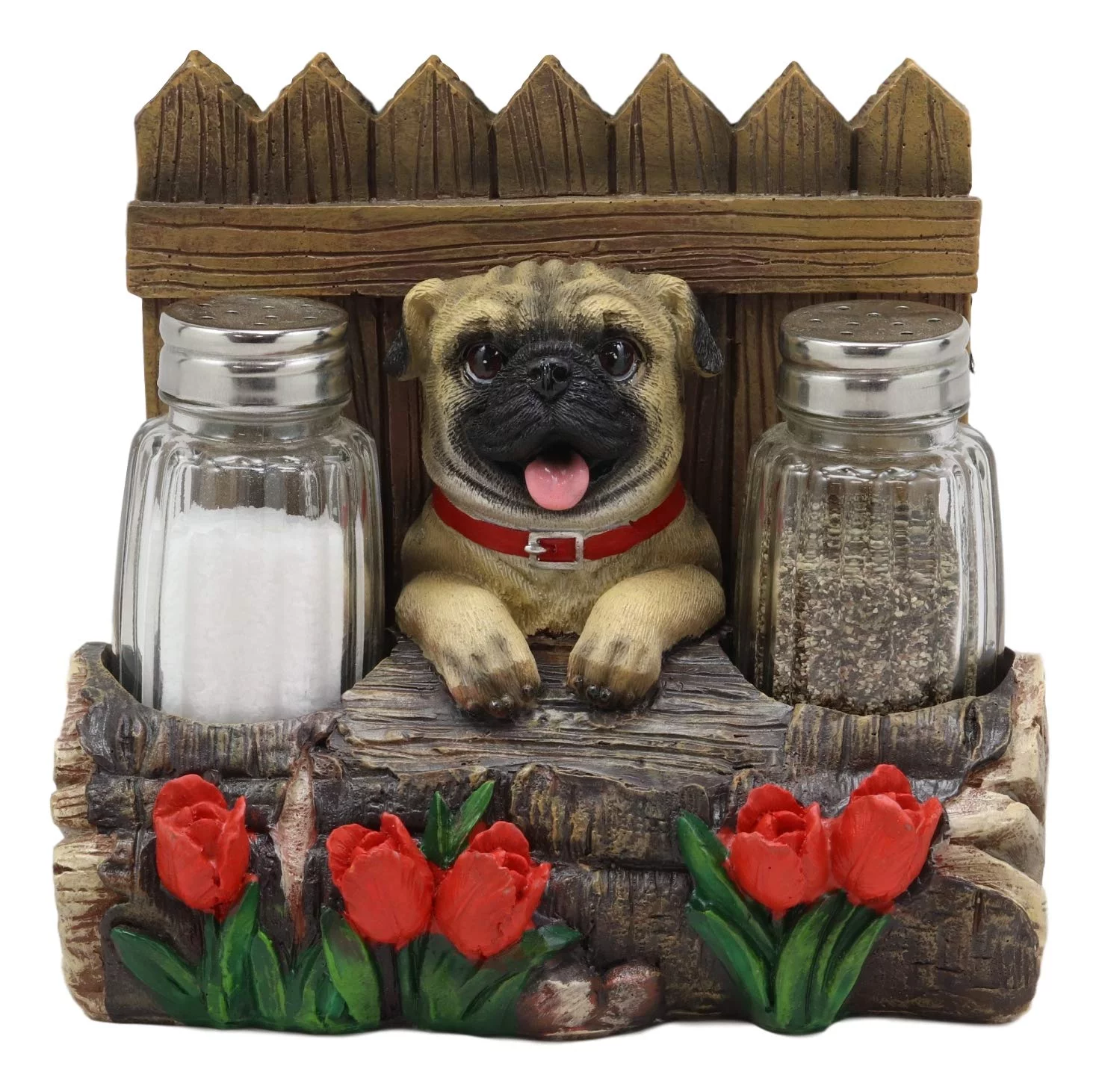 Panting Pug Dog By Fences & Flower Bed Dinner Napkin Salt Pepper Shakers Holder