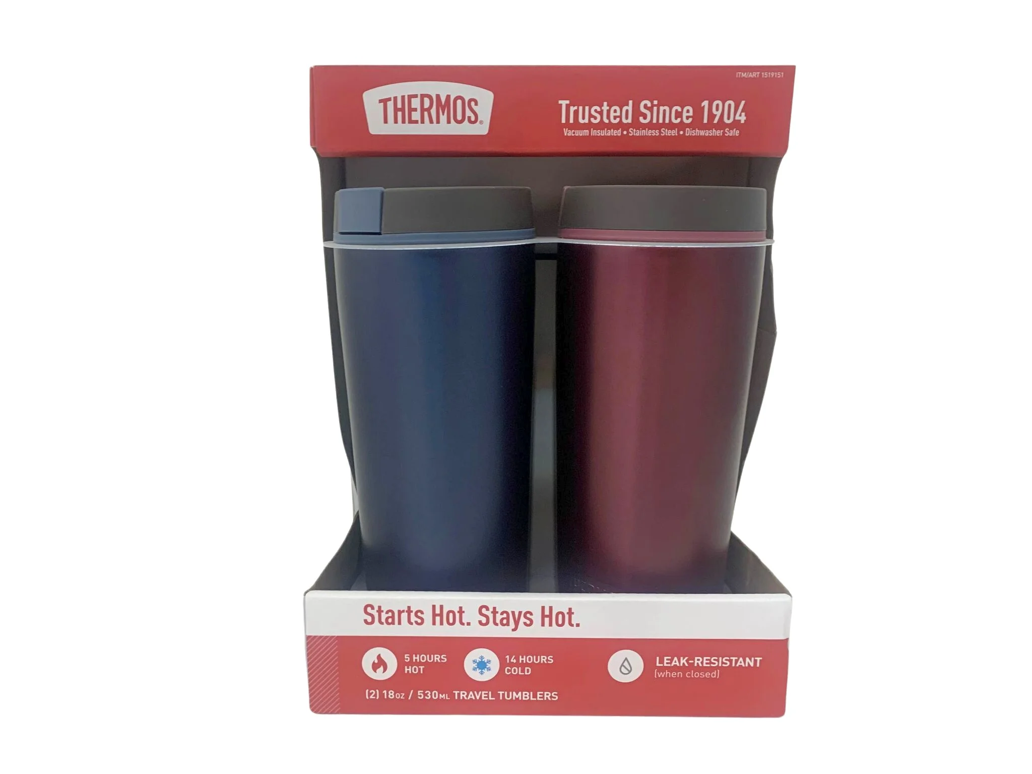 Thermos Brand Travel Tumbler 2Pk 5 Hours Hot 14 Hours Cold Leak Resistant 18oz Red Blue