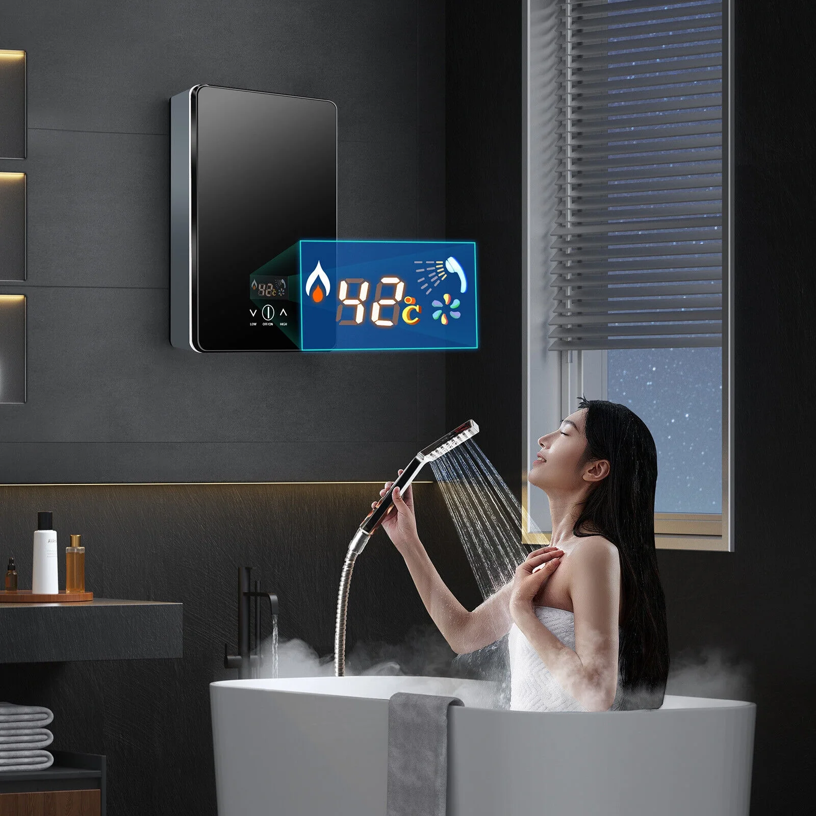 Instant Electric Tankless 6500W Home Hot Water Heater Whole House Black 220V 8L