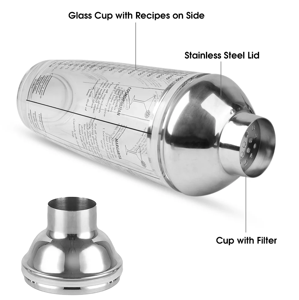 SUPTREE Glass Cocktail Shakers Bottle and Strainer - Professional Grade Mixed Drink Shaker Cup Martini Shaker 650ml