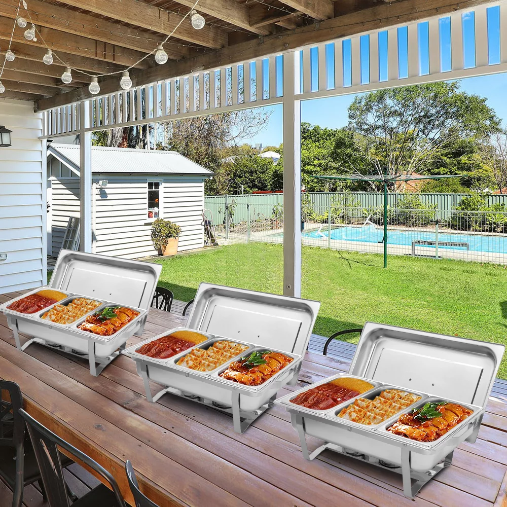 ROVSUN 2 Packs Stainless Steel Chafing Dishes Buffet Set with 3 1/3 Size Food Pans, Foldable Frame, 8 Quart Rectangular Catering Chafer Set