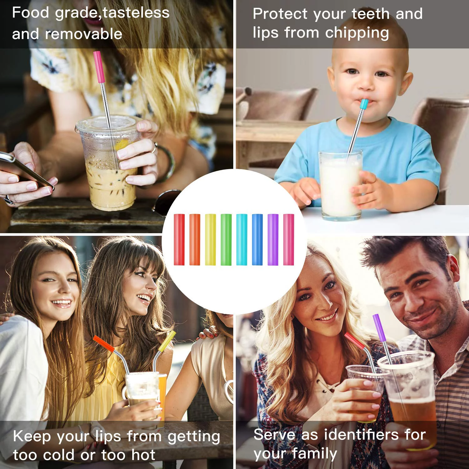 Set of 16 Reusable Stainless Steel Straws with Travel Case Cleaning Brush Silicone Tips Eco Friendly Extra Long Metal Straws Drinking for 20 24 30 oz Fit Yeti Tervis Rtic Tumbler