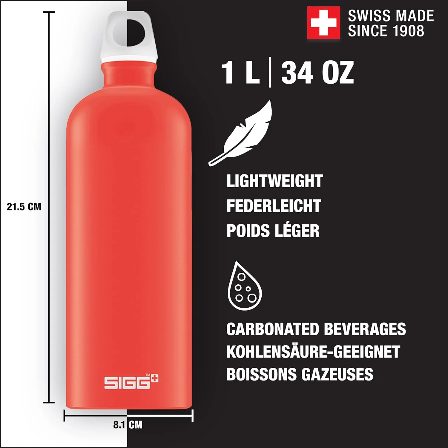 Sigg - Aluminum Water Bottle - Traveller Scarlet - Climate Neutral Certified - Suitable For Carbonated Beverages - Leakproof & Lightweight - BPA Free - 34 oz
