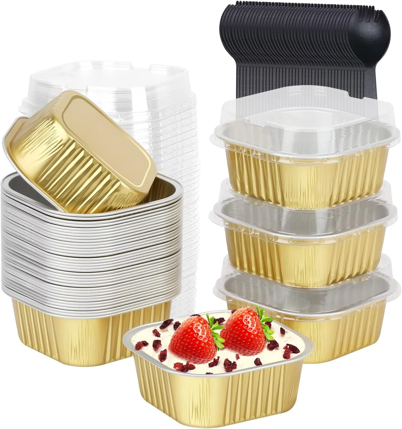 Large 10oz Aluminum Pans With Lids 40 Pack, Square Small Cake Muffin Tin,Disposable Ramekins Brownie Pans Jumbo Baking Cups Containers For Brownie Mini Cake Bread Dessert-Gold