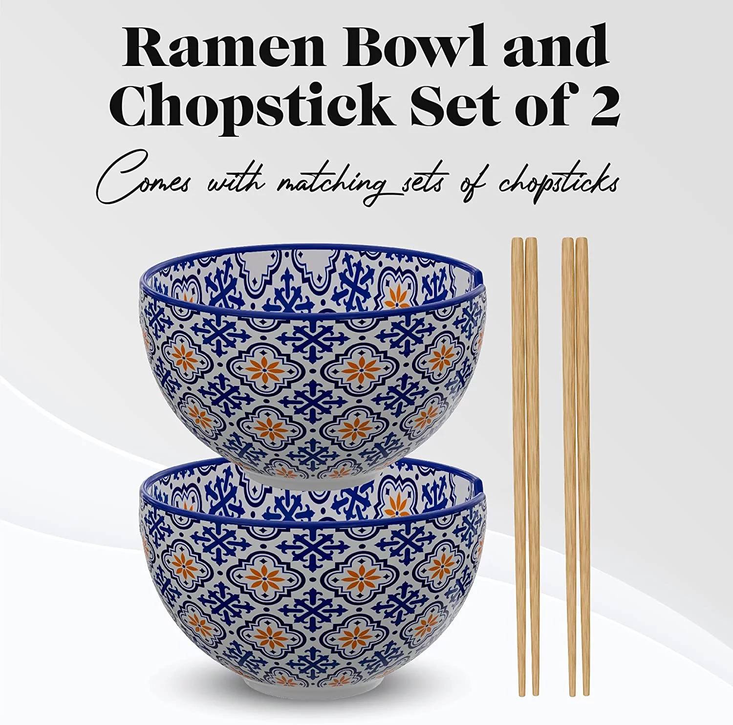 American Atelier Ramen Bowl with Chopsticks Set of 2 Soup Bowls for Kitchen, Udon Noodle Bowls with Chopsticks, Stoneware Soup Bowl 6