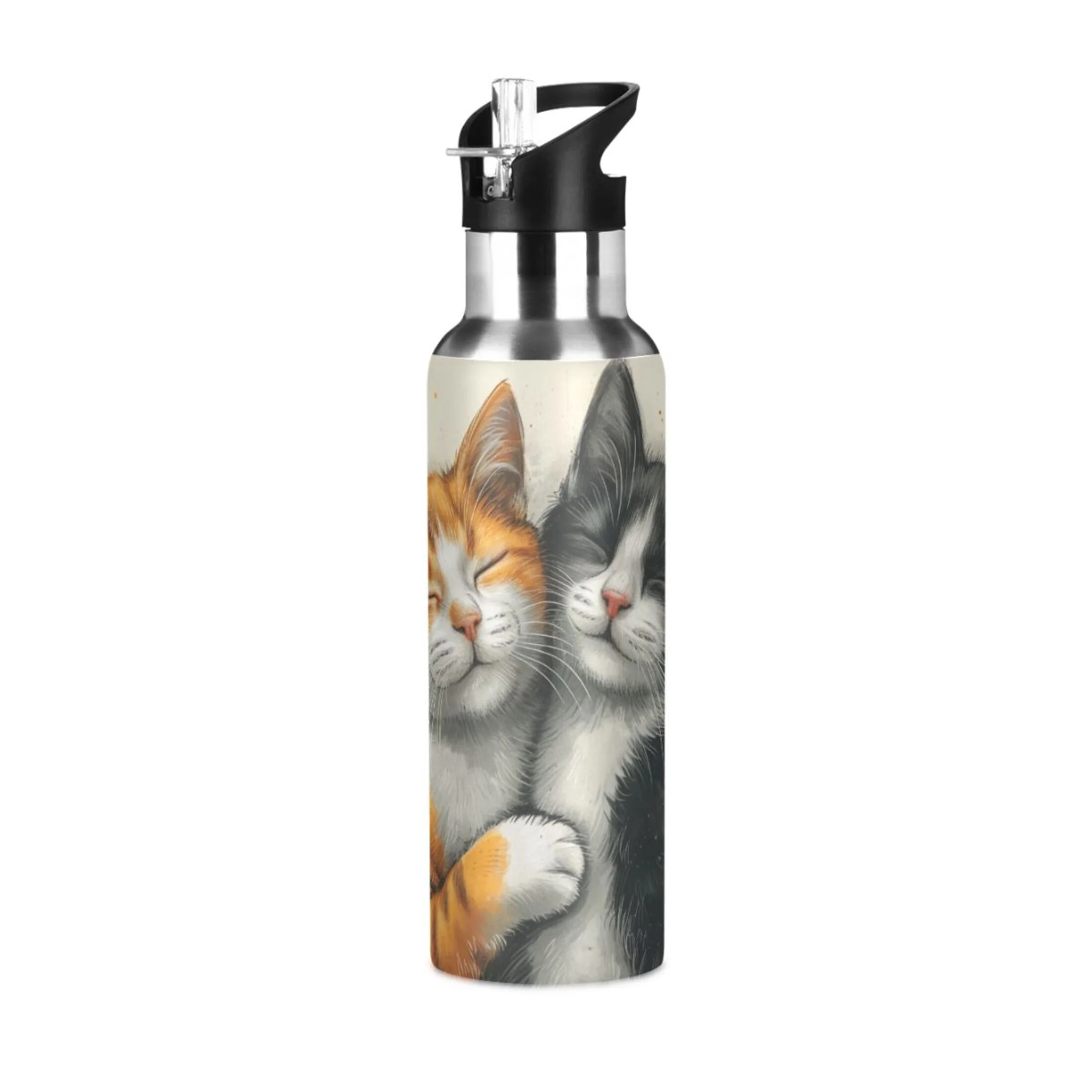 Cats with Heart Water Bottles Insulated Thermos Kids Stainless Steel Bottle with Straw Lid Flask Leakproof for Sports Gym 20 oz