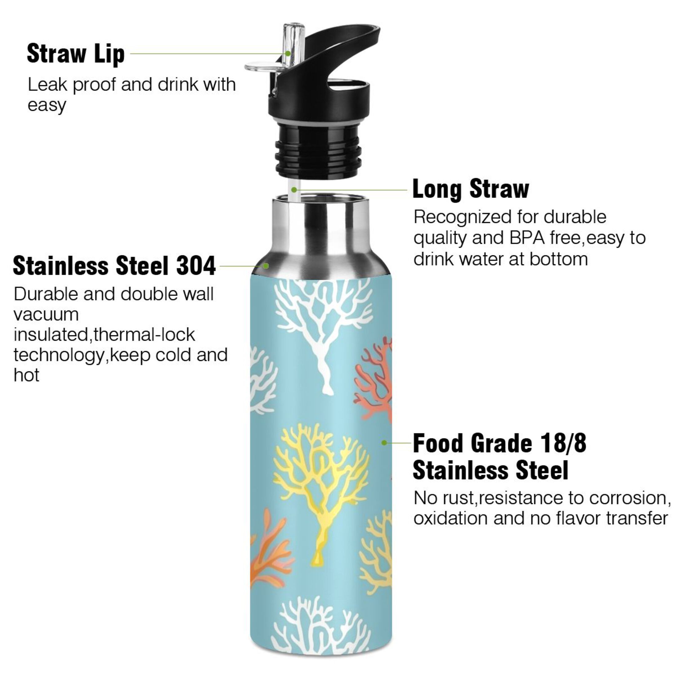 Coral Water Bottles Insulated Thermos Kids Stainless Steel Bottle with Straw Lid Flask Leakproof for Sports Gym 20 oz