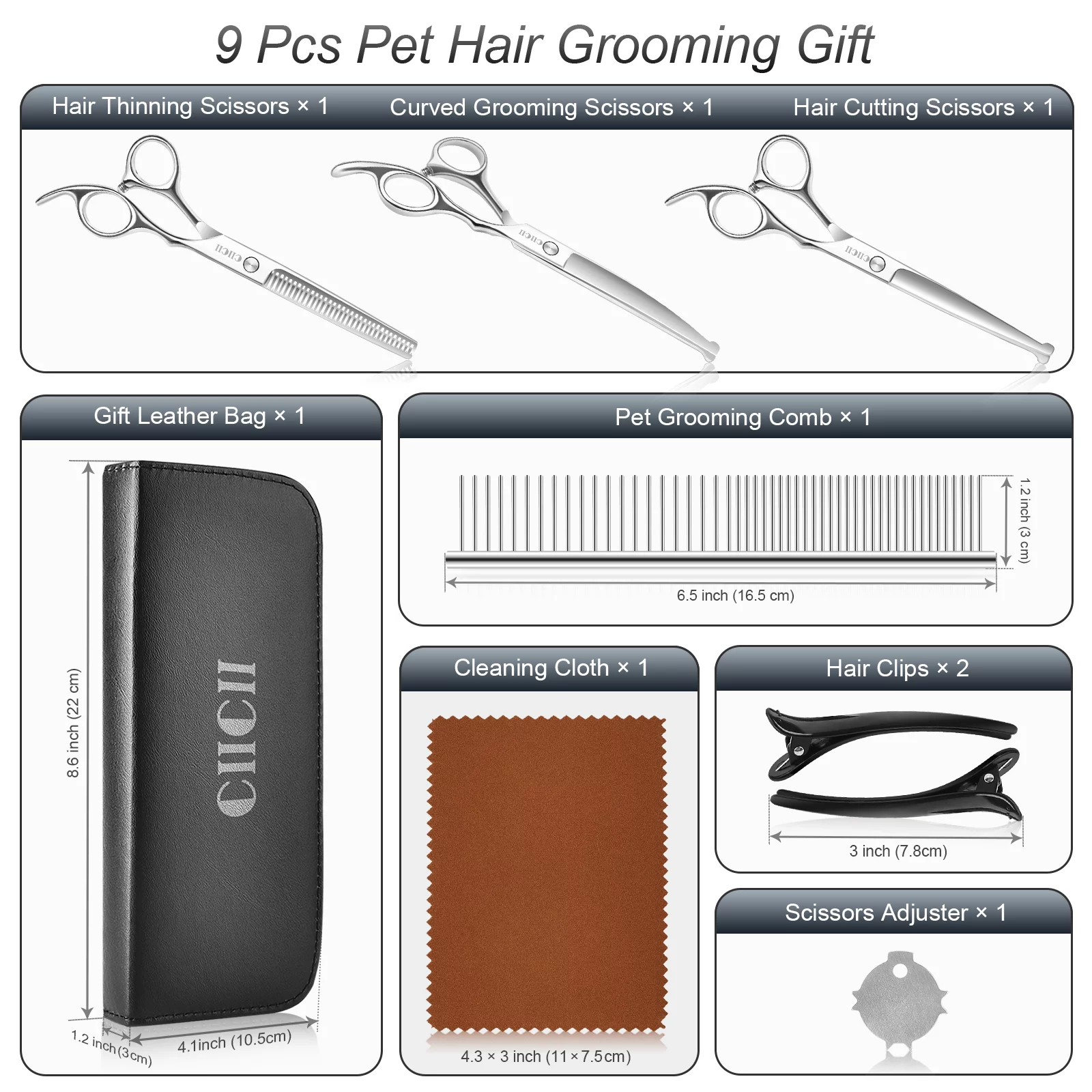 Dog Grooming Scissors Kit (Safety Round Tip), CIICII 6.5 Inch Professional Pet Grooming Scissors Set (Dog/Cat Hair Thinning Trimming Cutting Shears) with Curved Scissors for DIY Home Salon (Silver)