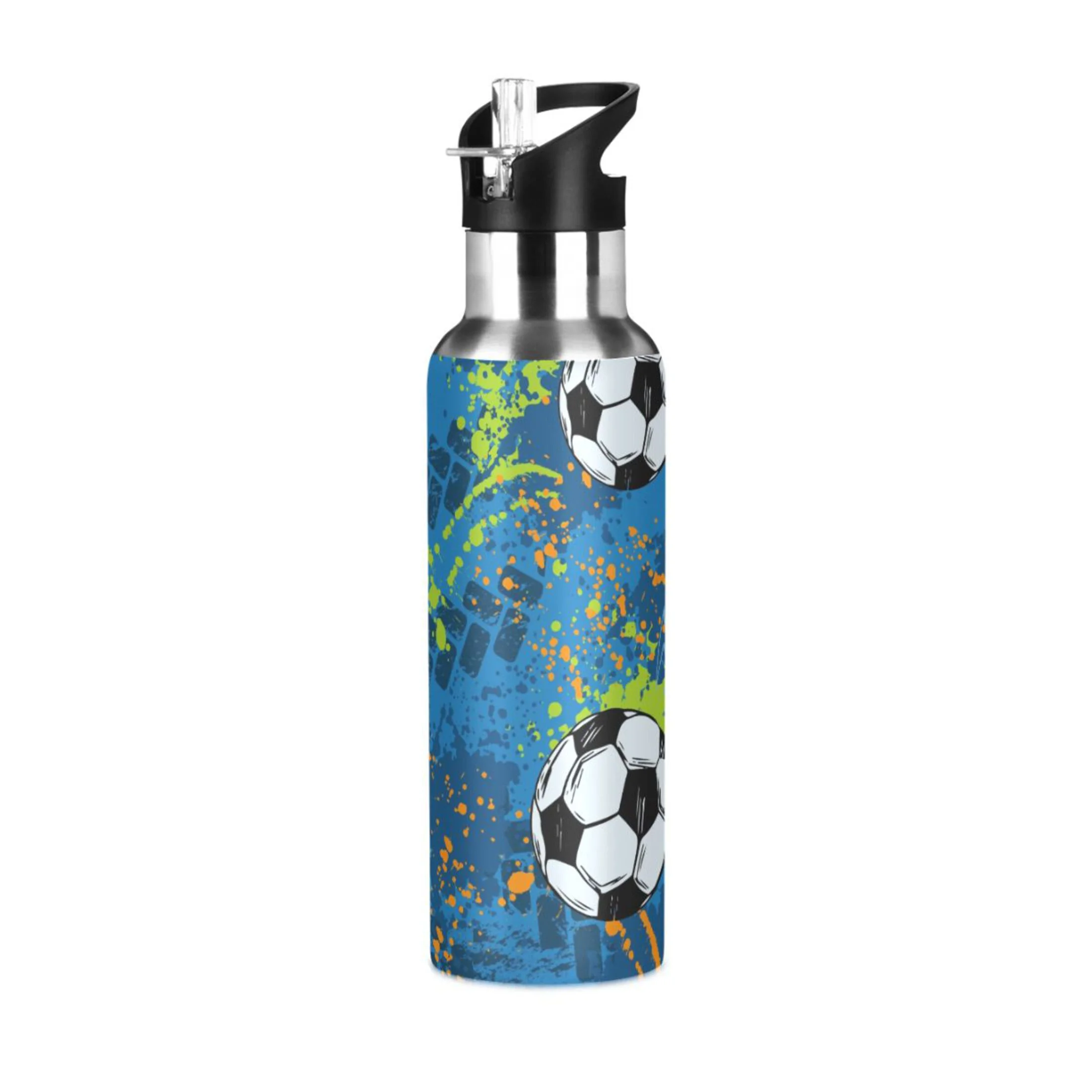 Water Bottle with Straw Lid Leak Football Color Graffiti Stainless Steel Insulated Thermos Vacuum Flask for Cold Hot Drinking for Sports Camping Gym Yoga