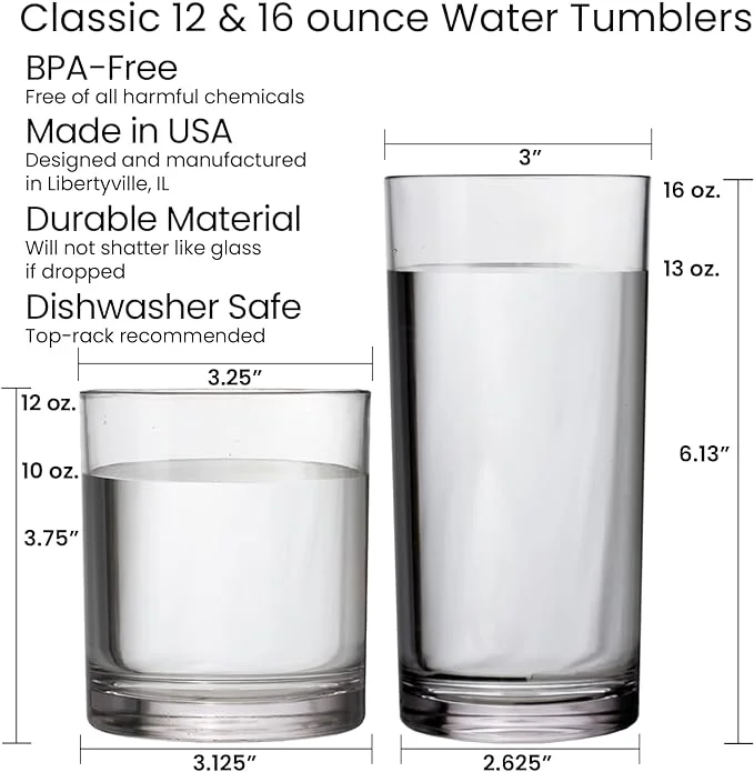 US Acrylic Classic Clear Plastic Reusable Drinking Glasses (Set of 8) 12oz Rocks & 16oz Water Cups , BPA-Free Tumblers, Made in USA , Top-Rack Dishwasher Safe
