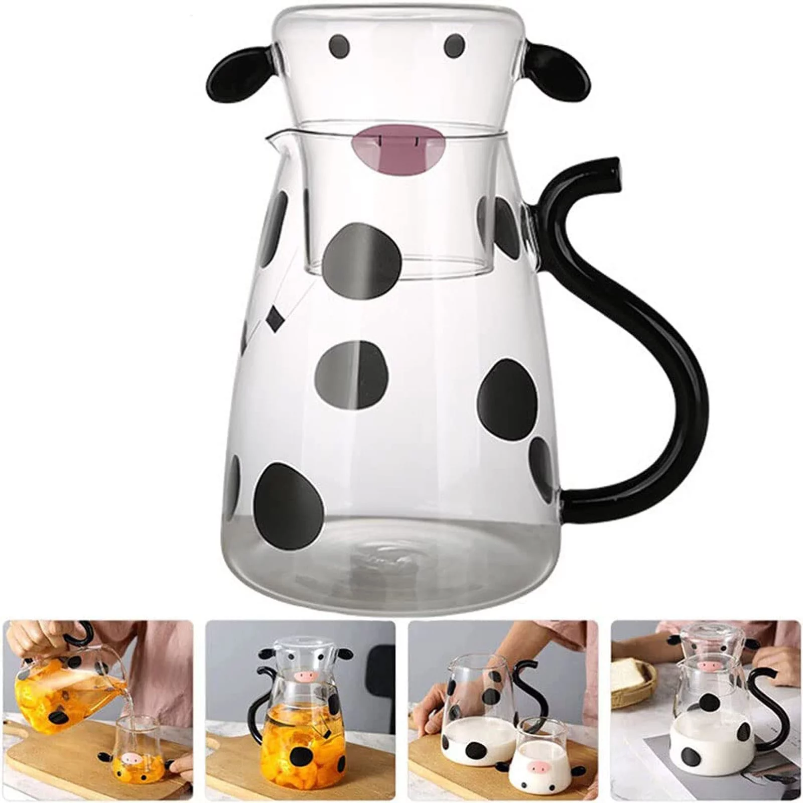 Cartoon Cow Clear Glass Night Water Bottle Set With Glass Water Bottle And Night Cup