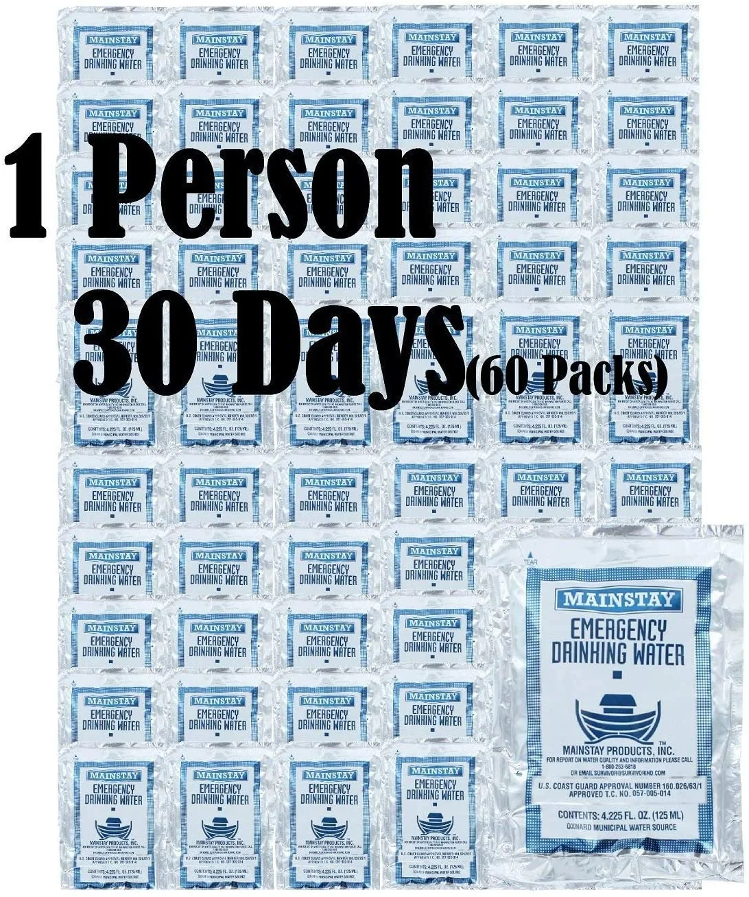 Mainstay Emergency Drinking Water Best For Emergency Storage, Backpacking, Camping and Hiking-4.225 oz (60 Water Pouches Pack)
