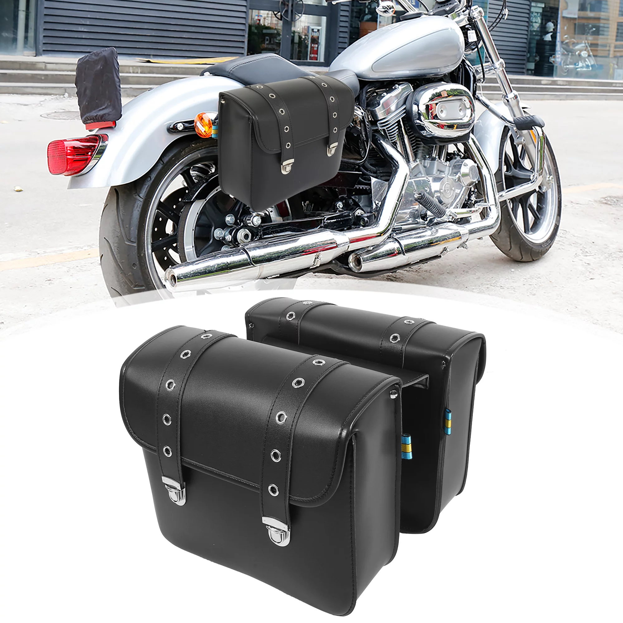 Unique Bargains Pair Motorbike Saddlebag Side Tool Bags Cycling Bag Waterproof Faux Leather Black
