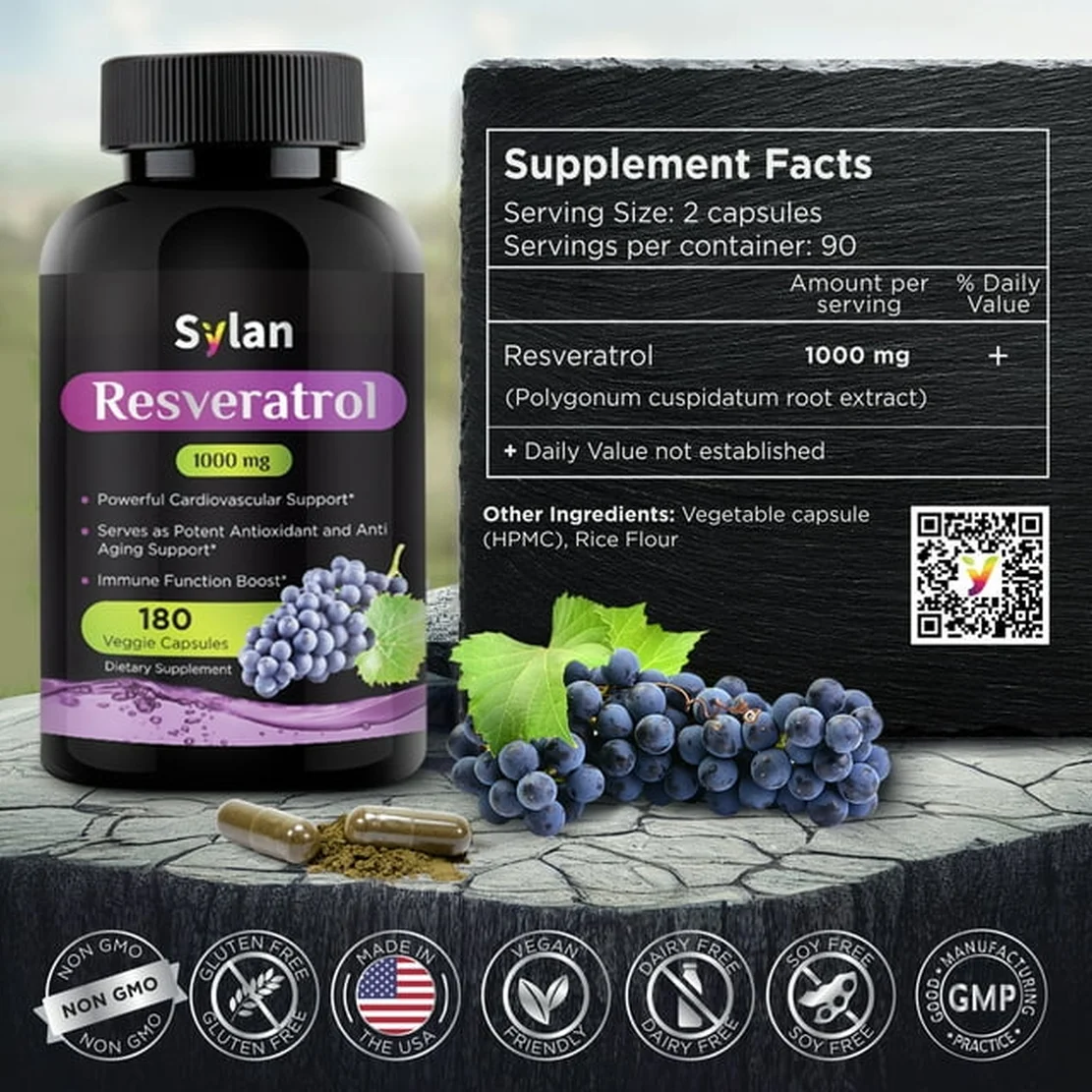 Sylan Trans Resveratrol Supplement Antioxidant 1000mg Anti-Aging Supplements 180 Capsules