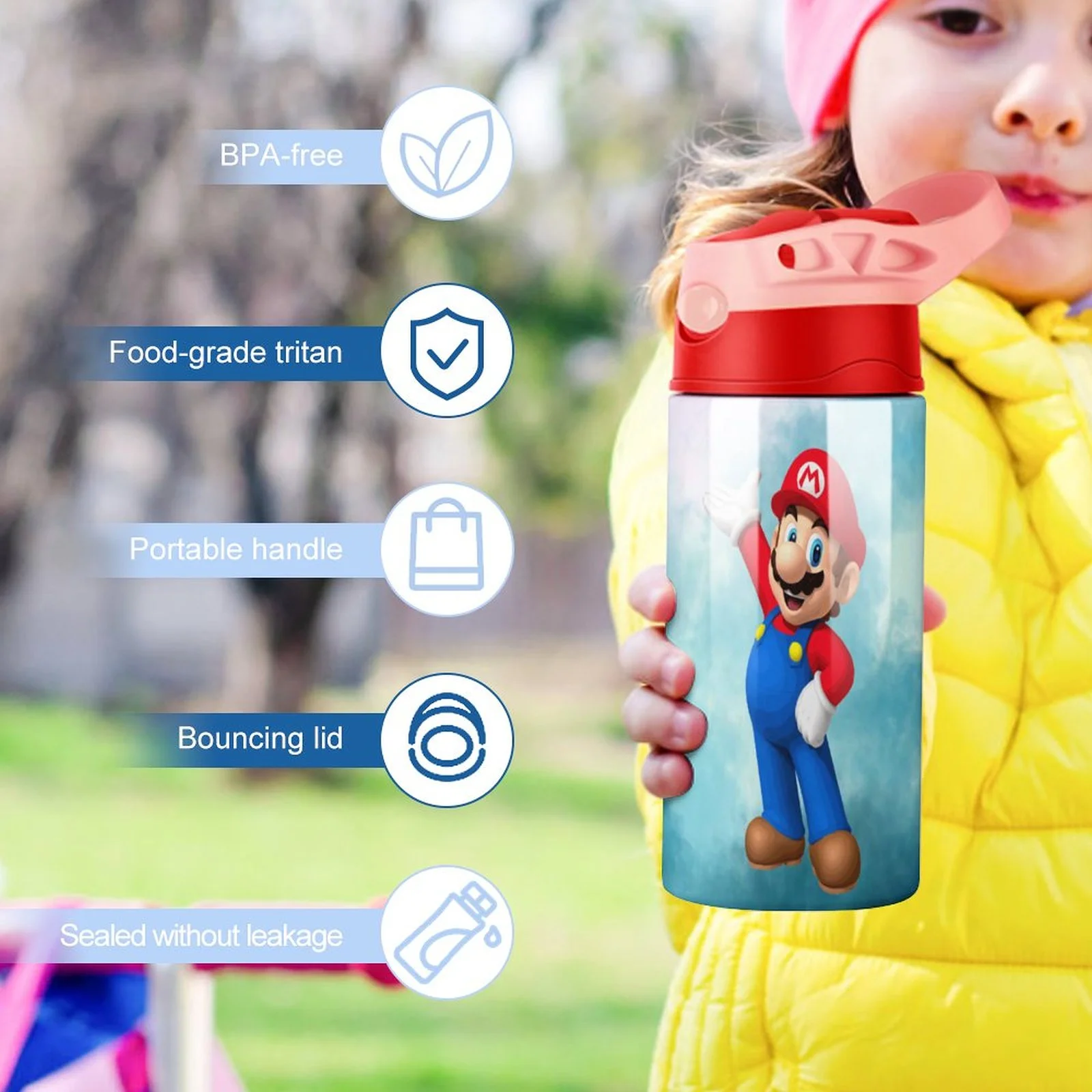 Super Mario Kid's Insulated Water Bottle With Straw Vacuum Stainless Steel Cup Leak-Proof Children Toddler Thermoses