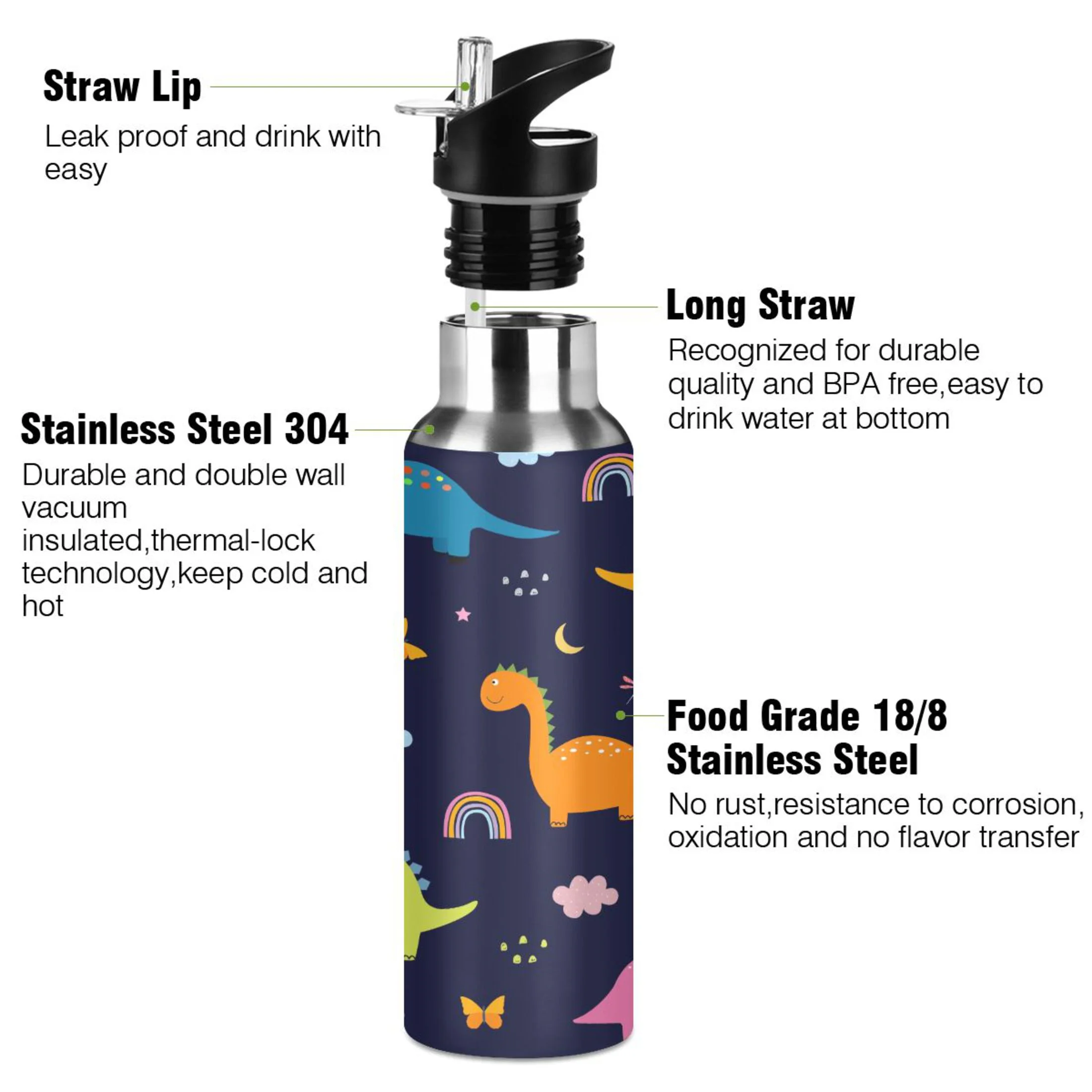 Water Bottle with Straw Lid Leak Dinosaur Cartoon Childish Black Stainless Steel Insulated Thermos Vacuum Flask for Cold Hot Drinking for Sports Camping Gym Yoga