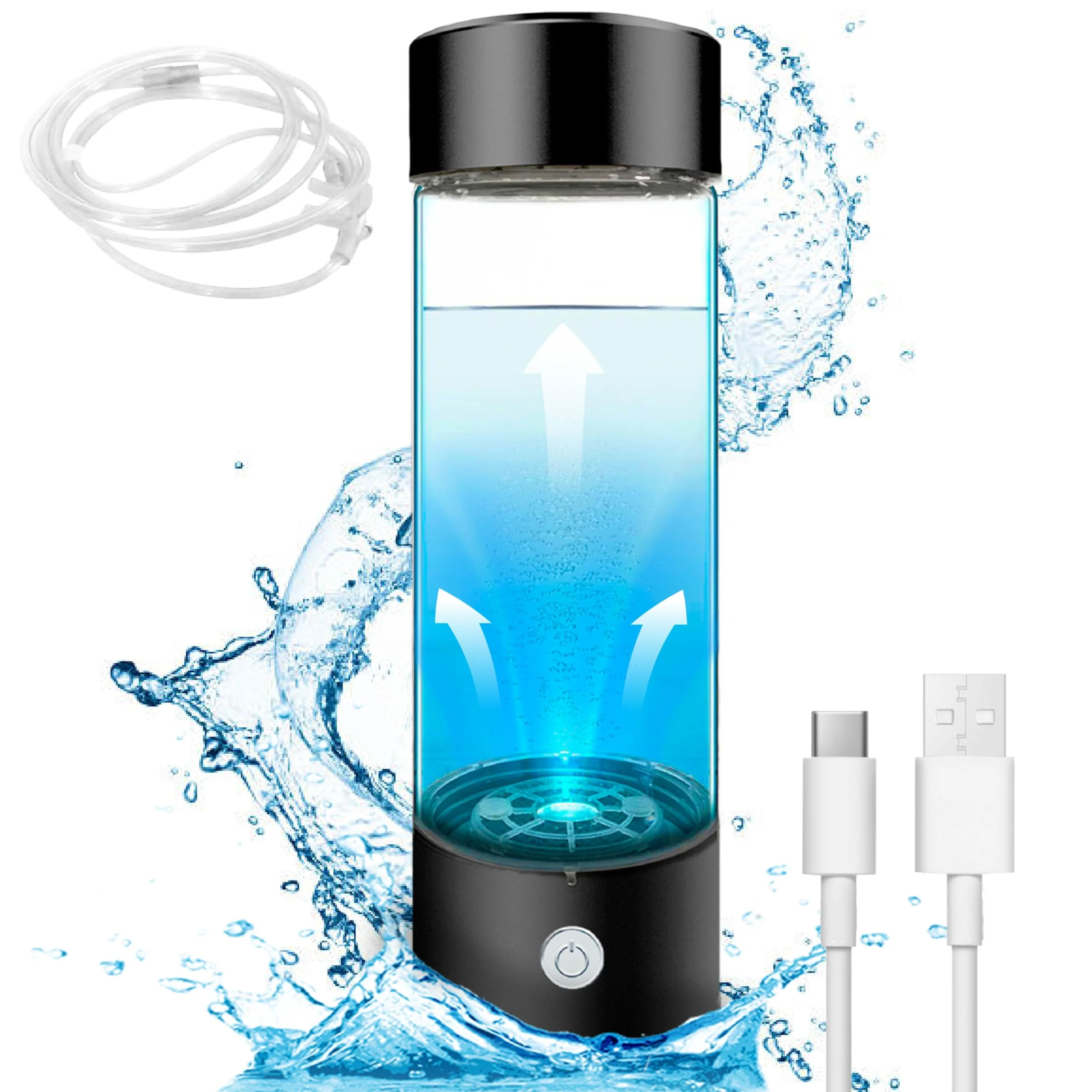 Hydrogen Water Bottle - Black Portable and Rechargeable Hydrogen Generator for Rich Pure Water up to 1200ppb 14.2 oz - Ionizer & Purifier for Health Plus PEM SPE Technology with Type C Port（black）